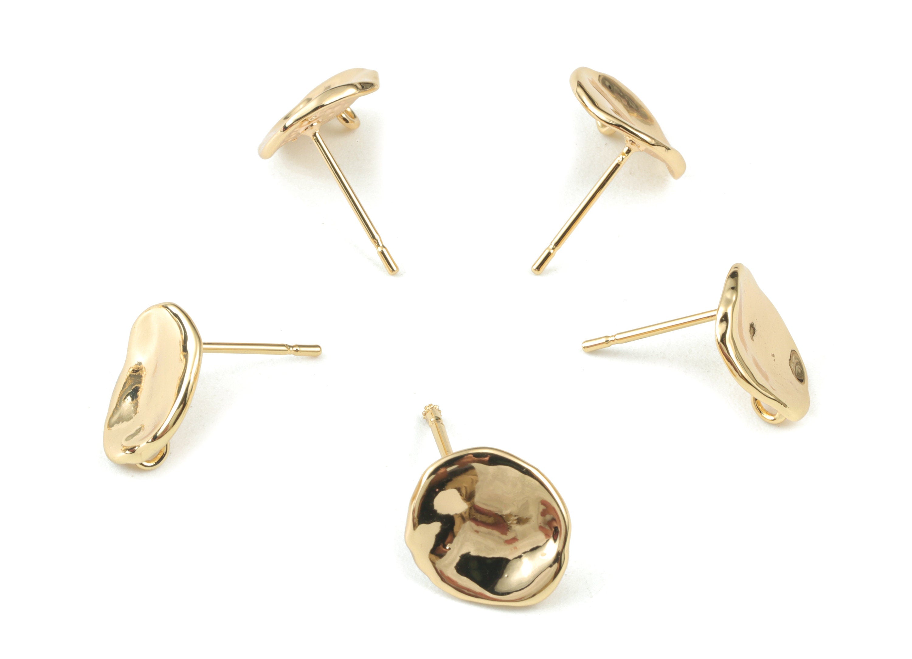 Gold Round Earring Stud With Loop - 18K Real Gold Plated Brass Wavy Round Earring Post - Jewellery Supplies - 13.58x11.54x3.83mm - RGP2728 - DOMEDBAZAAR