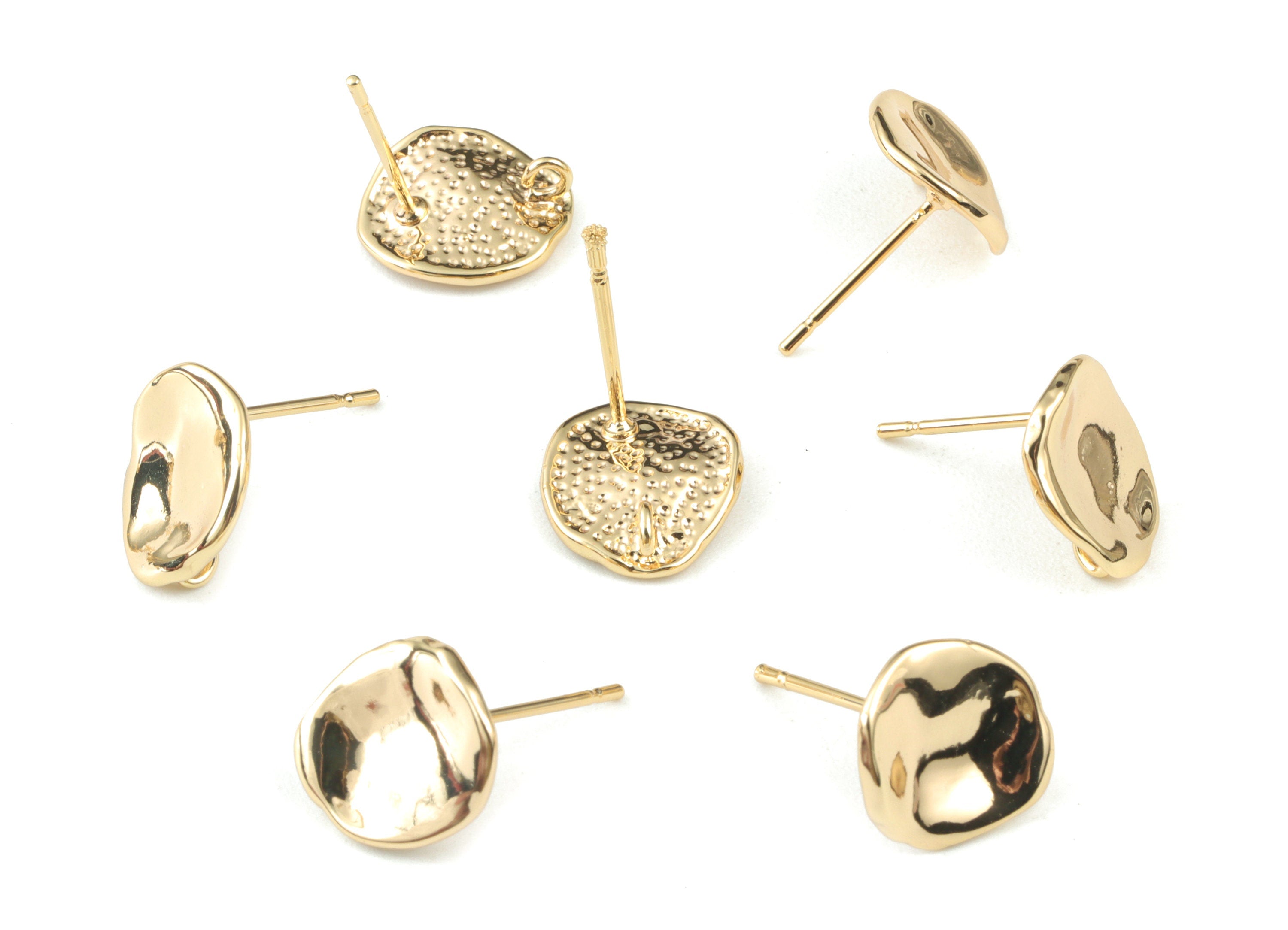 Gold Round Earring Stud With Loop - 18K Real Gold Plated Brass Wavy Round Earring Post - Jewellery Supplies - 13.58x11.54x3.83mm - RGP2728 - DOMEDBAZAAR