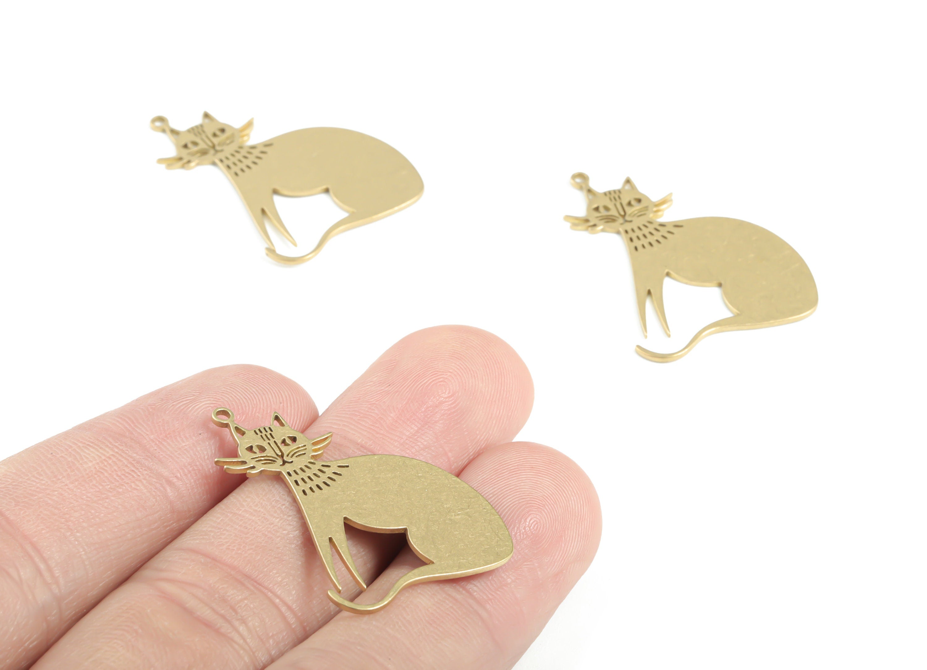 Brass Cat Earring Charms - Raw Brass Cat Pendant - Earrings Finding - Jewelry Supplies - 33.86x22.79x0.79mm - PPM3387 - DOMEDBAZAAR