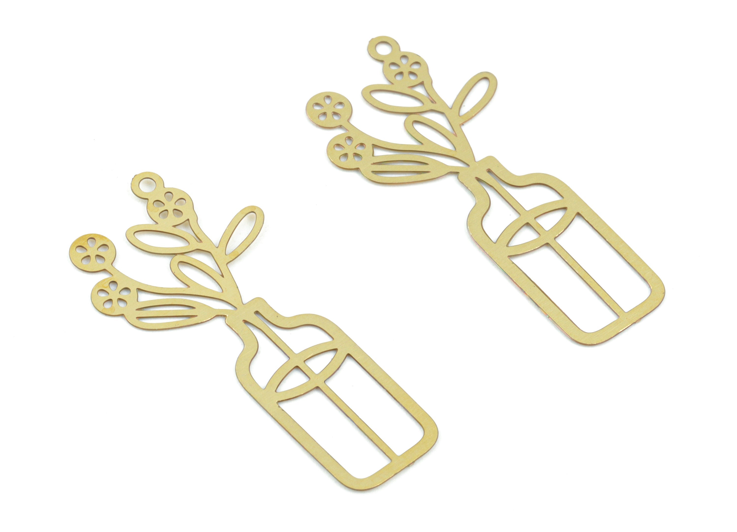 Brass Flower Pot Earring Charms - Raw Brass Pot Flower Pendant - Earring Findings - Jewelry Supplies - 31.08x14.45x0.29mm - JJC11979 - DOMEDBAZAAR