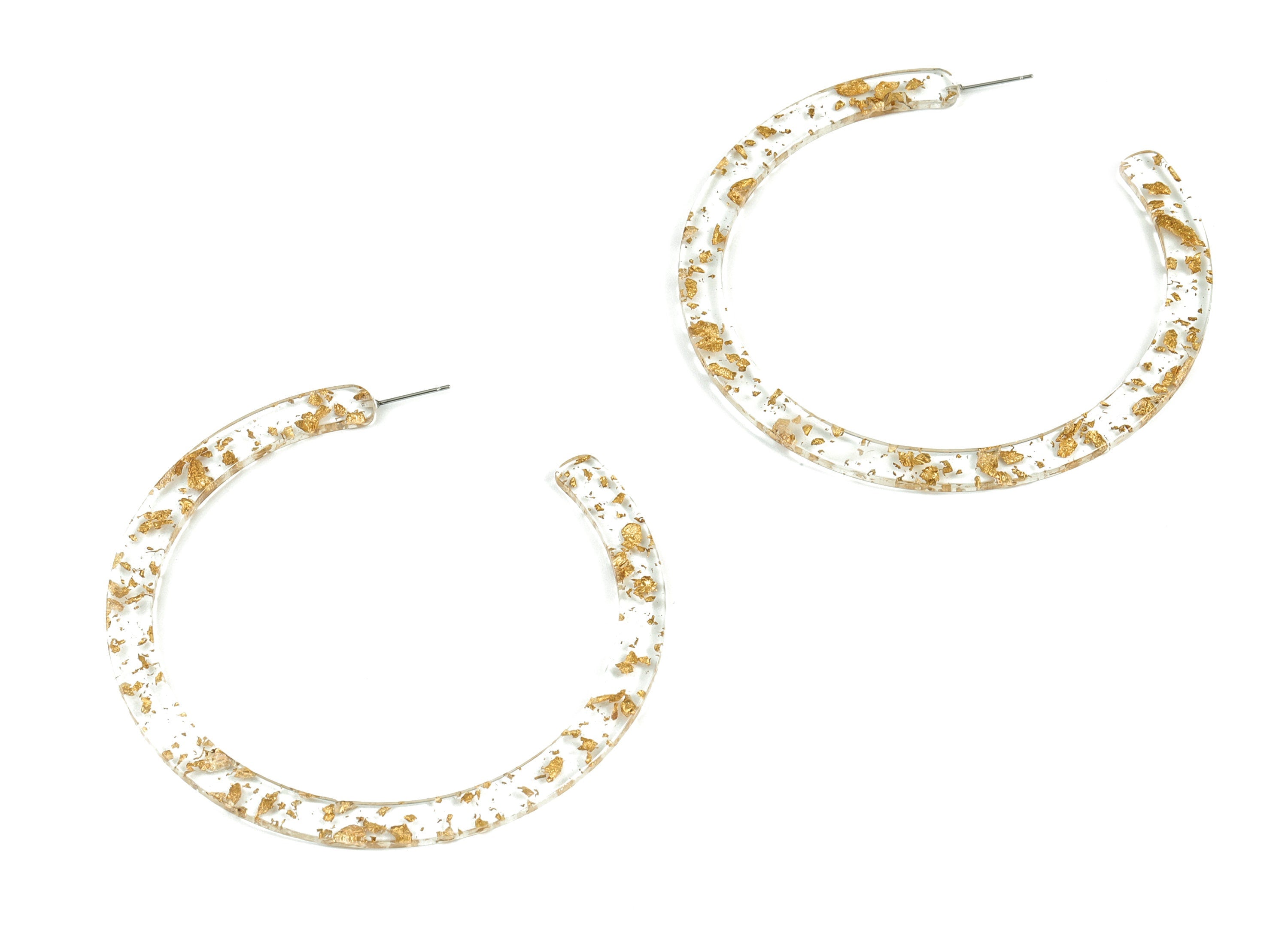 Open Hoop Earrings Stud - 3.3 inch Hoop - Acetate Round Earring Post - Gold Foil & Confetti - Color Code: A255 - 83x2.5mm - AC1838-A255 - DOMEDBAZAAR