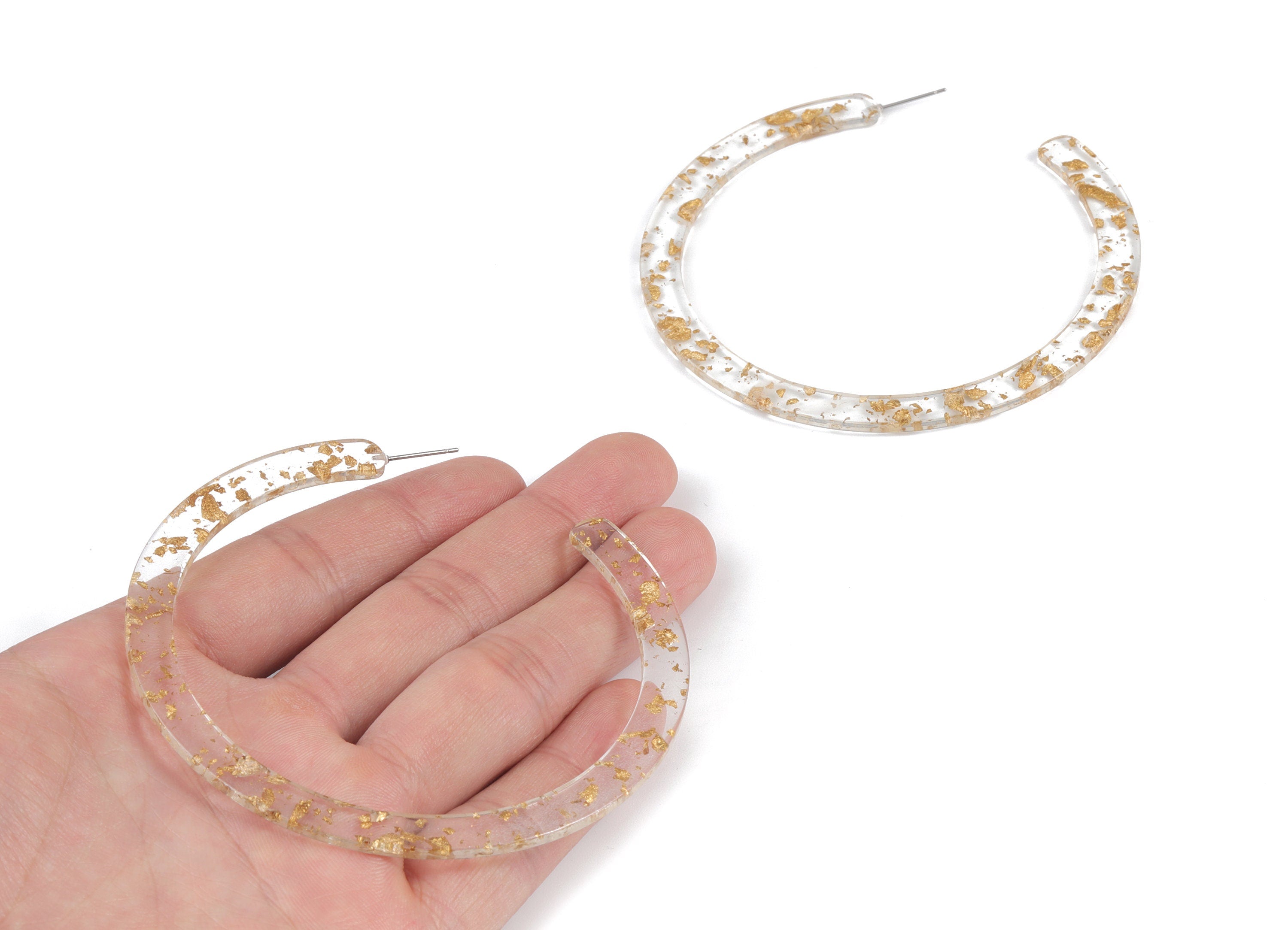 Open Hoop Earrings Stud - 3.3 inch Hoop - Acetate Round Earring Post - Gold Foil & Confetti - Color Code: A255 - 83x2.5mm - AC1838-A255 - DOMEDBAZAAR