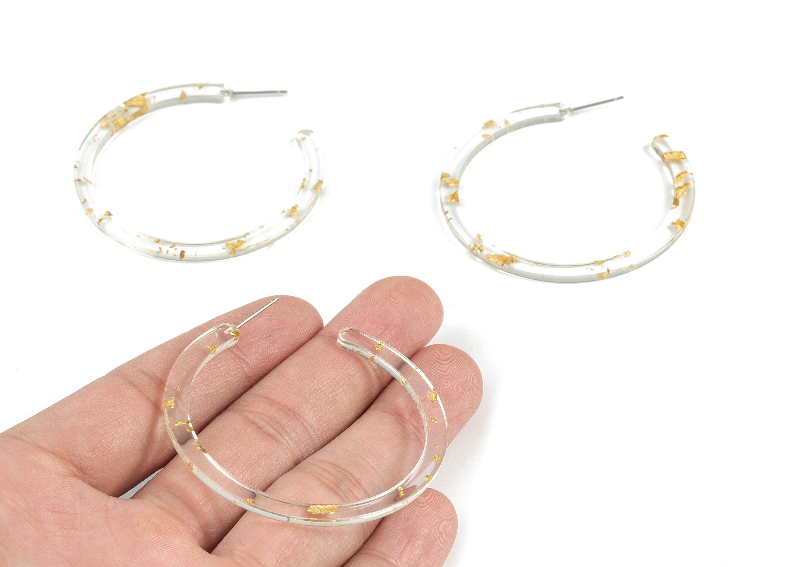 Open Hoop Earring Stud - 2 inch Hoop - Acetate Round Earring Post - Gold Foil & Confetti - Color Code: A255 - 52.8x49.6x2.65mm - AC1836-A255 - DOMEDBAZAAR