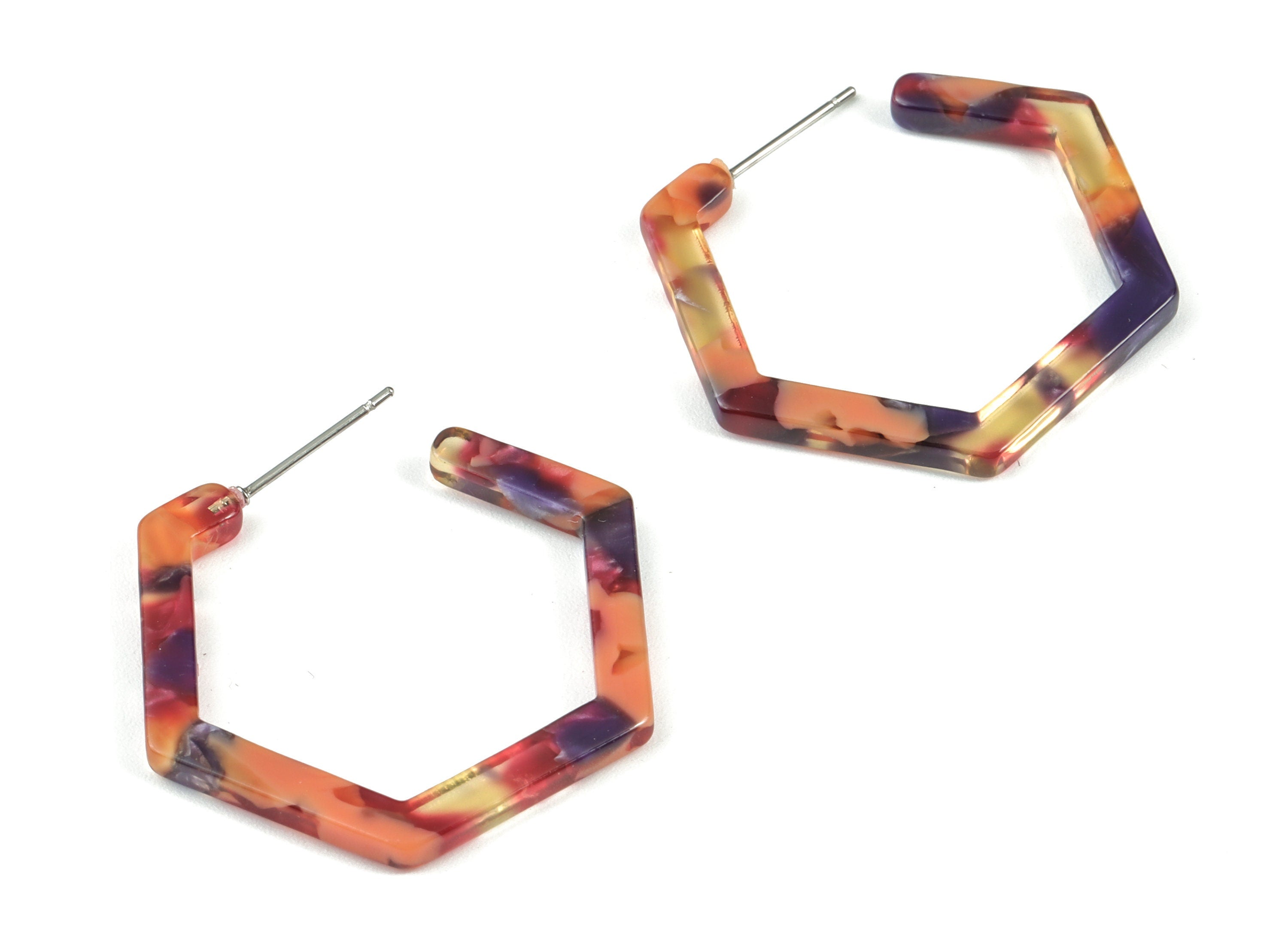 Acetate Open Hexagon Stud Earrings - Hexagon Earring Post - 316 Stainless Steel - Color Code: A44 - 30x2.5mm - AC1870-A44 - DOMEDBAZAAR
