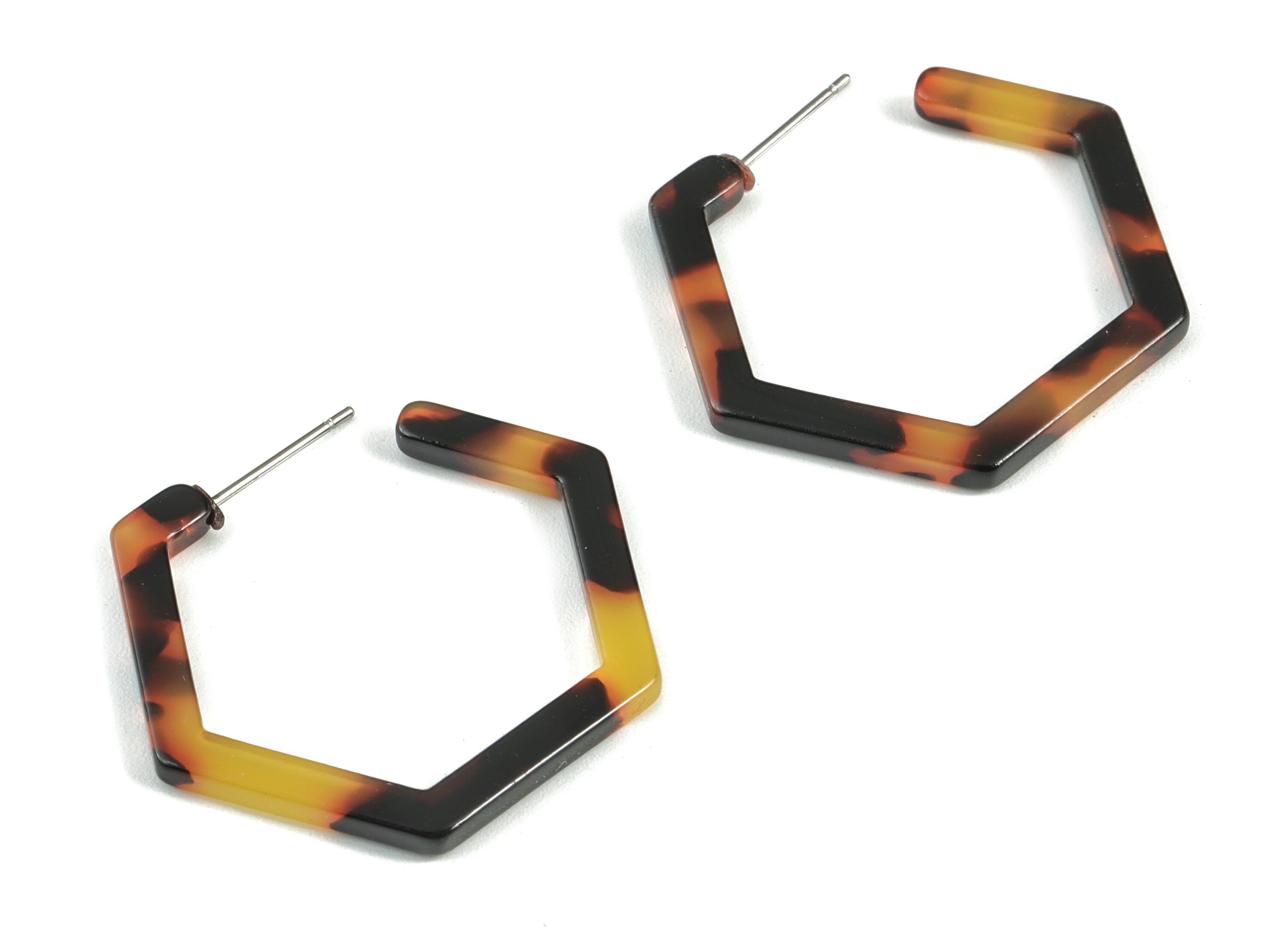 Acetate Open Hexagon Stud Earrings - Tortoise Shell Hexagon Earring Post - Jewelry Making Supplies - Color Code: A01- 30x2.5mm - AC1870-A01 - DOMEDBAZAAR
