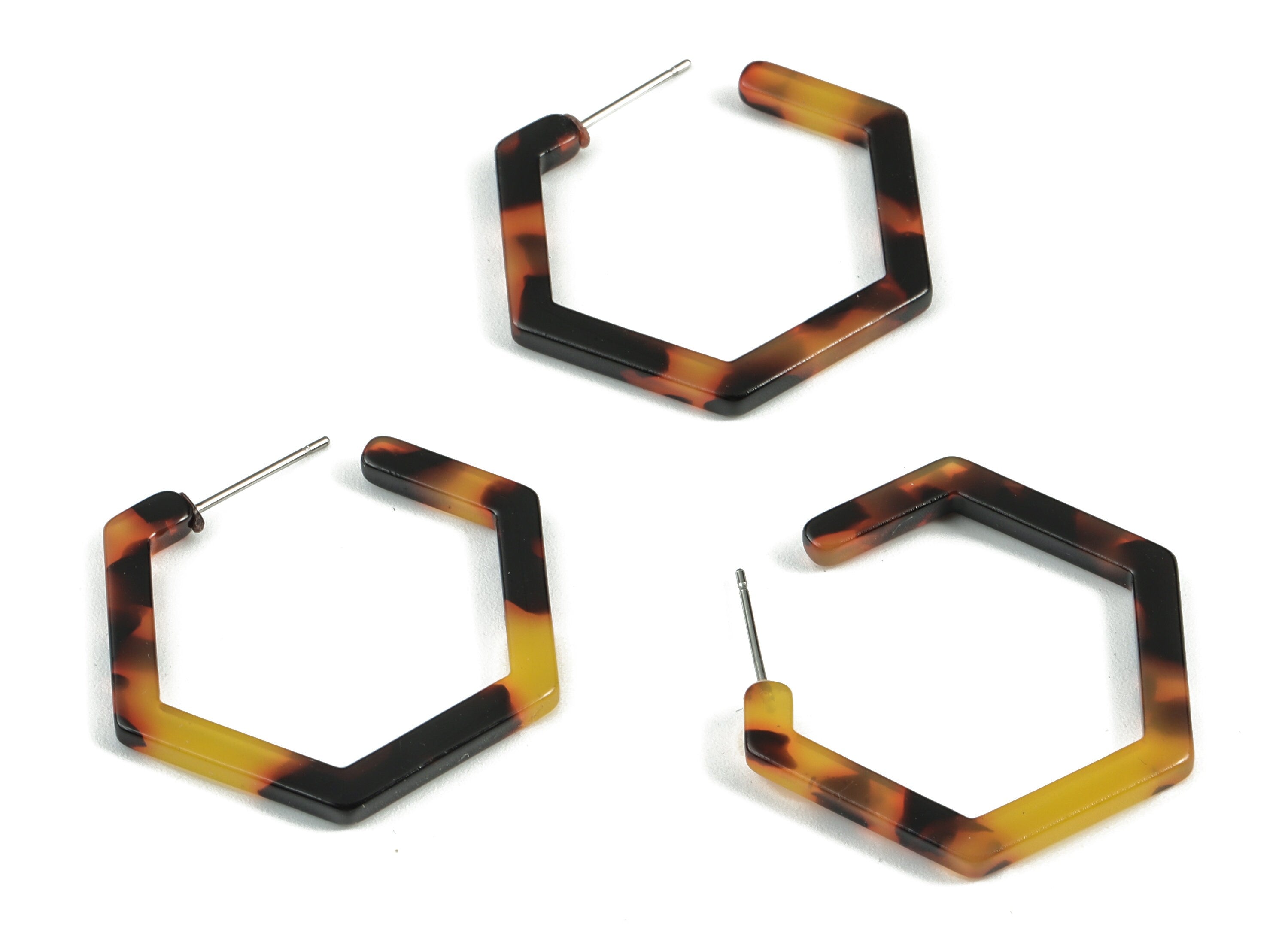 Acetate Open Hexagon Stud Earrings - Tortoise Shell Hexagon Earring Post - Jewelry Making Supplies - Color Code: A01- 30x2.5mm - AC1870-A01 - DOMEDBAZAAR