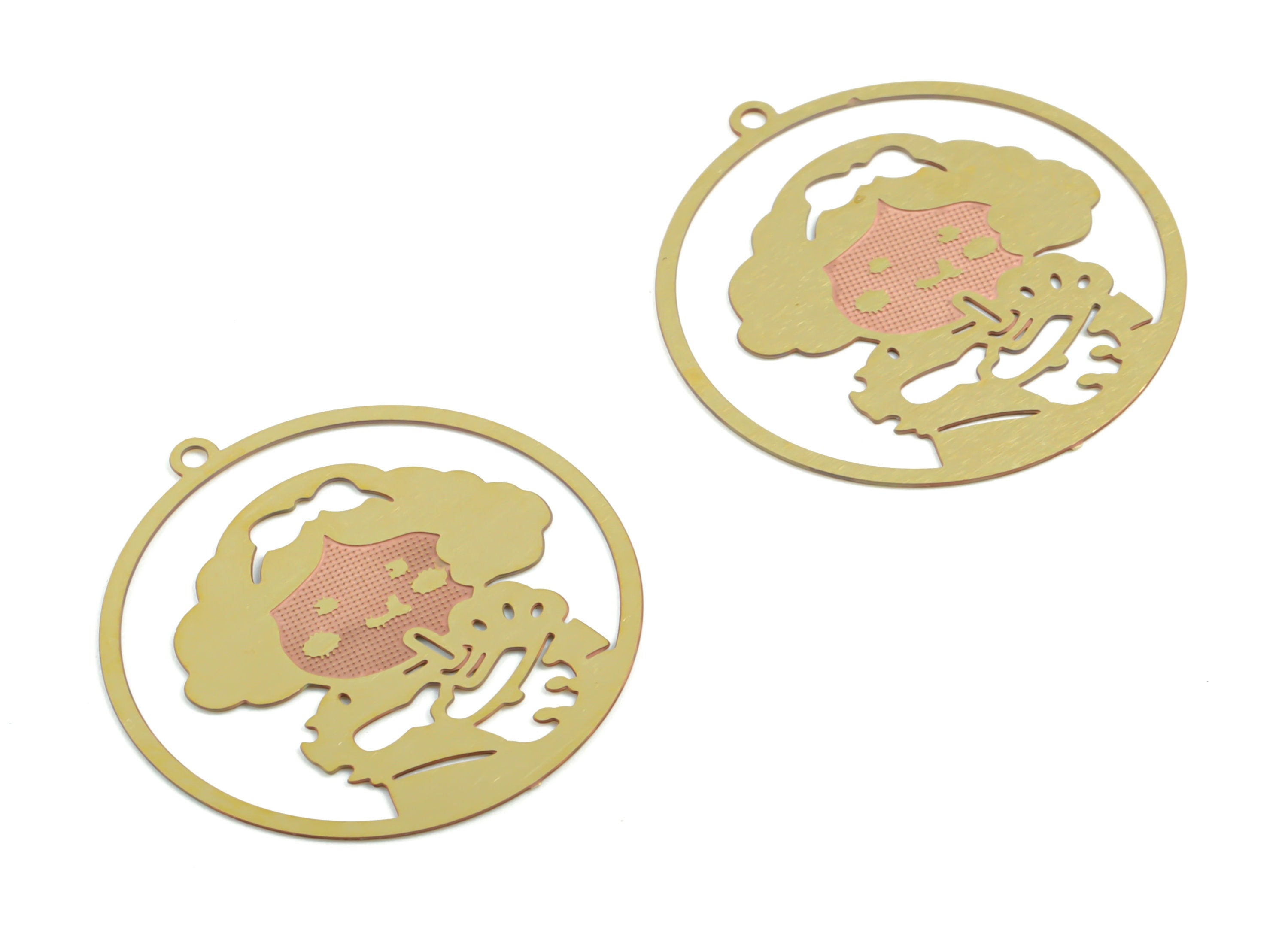 Brass Girl Round Earring Charms - Raw Brass Woman Round Pendant - Earring Findings - Jewelry Supplies - 26.59x24.83x0.29mm - JJB6403 - DOMEDBAZAAR