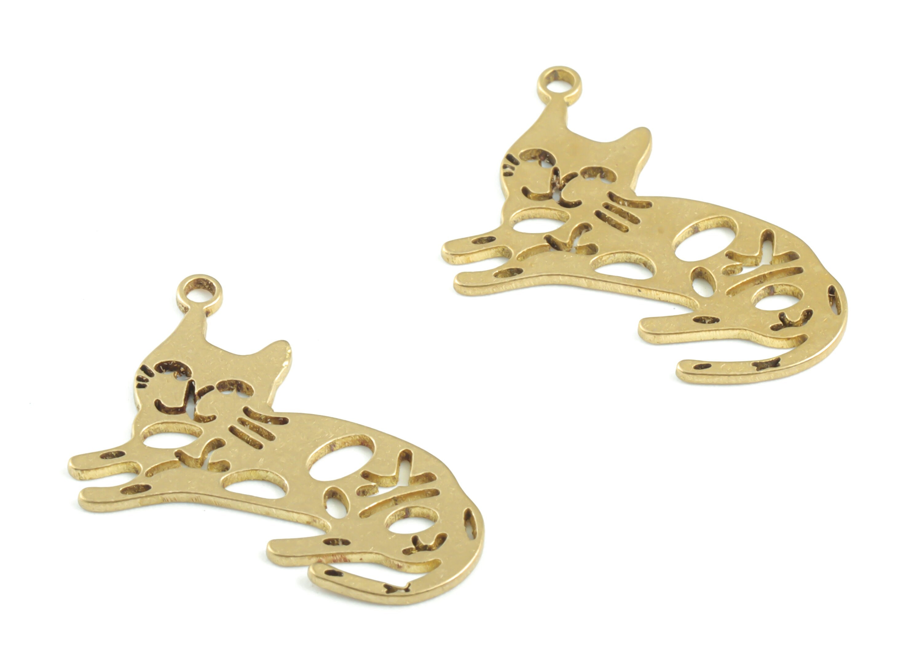 Brass Cat Earring Charms - Raw Brass Cat Pendant - Earrings Finding - Jewelry Supplies - 23.17x14.28x0.78mm - PPM3369 - DOMEDBAZAAR