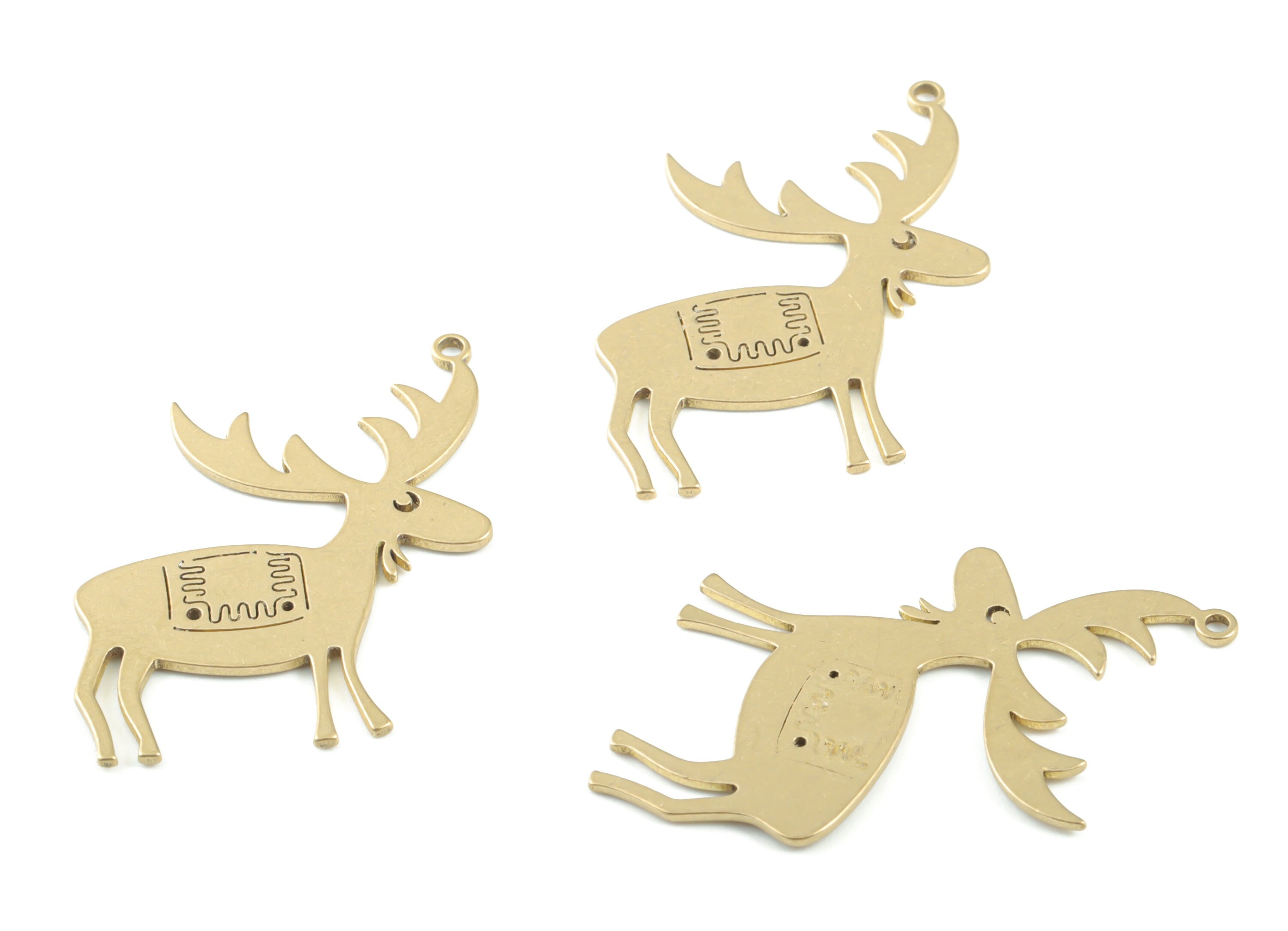 Brass Reindeer Earring Charms - Raw Brass Deer Pendant - Earrings Finding - Jewelry Supplies - 37.22x23.88x0.93mm - PPM3315 - DOMEDBAZAAR