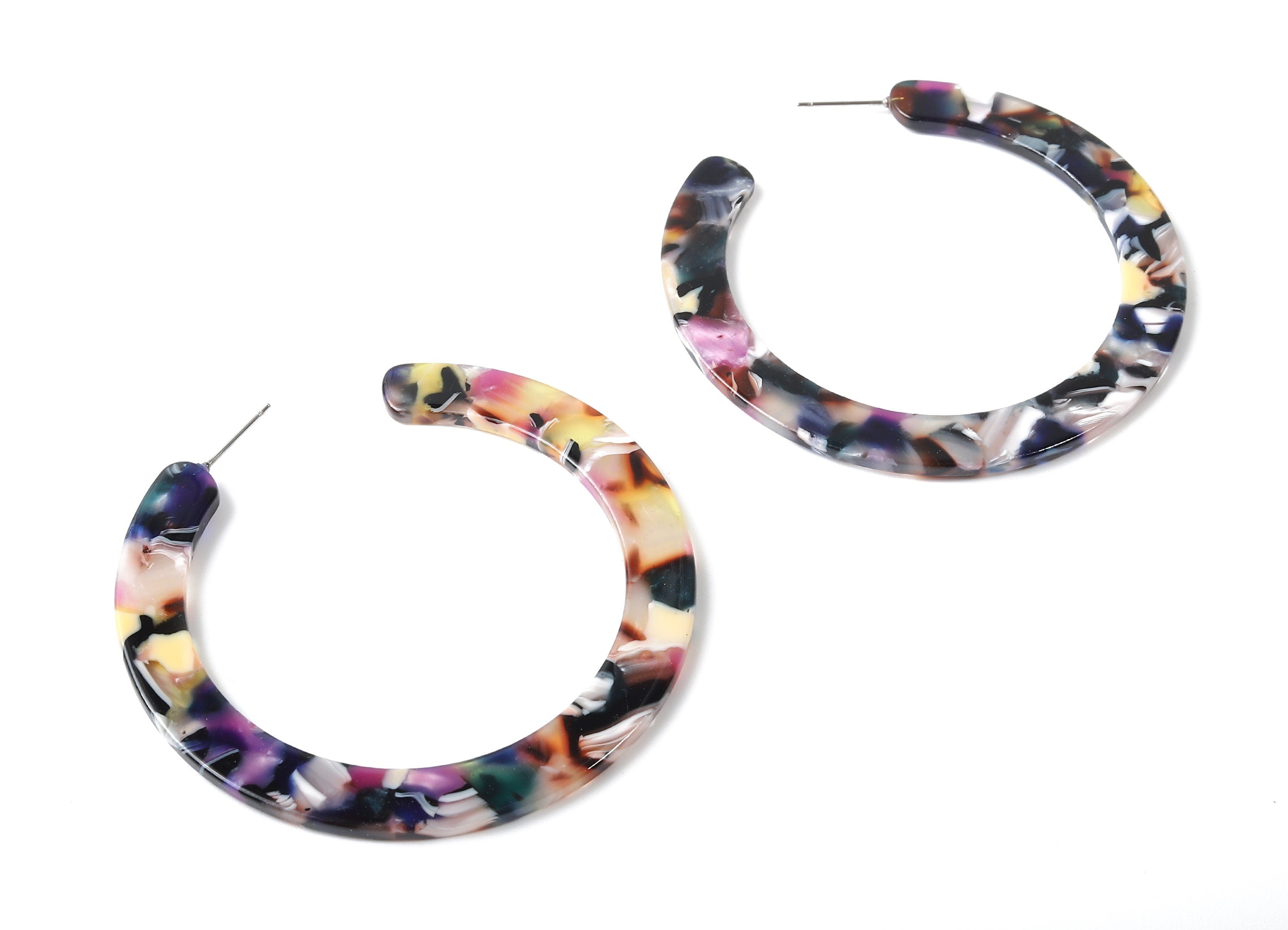 Open Hoop Earrings Stud - 2.5 inch Hoop Earring - Rainbow Acetate Round Earring Post Open Circle - Color Code: A11 - 63.5x2.5mm - AC1572-A11 - DOMEDBAZAAR