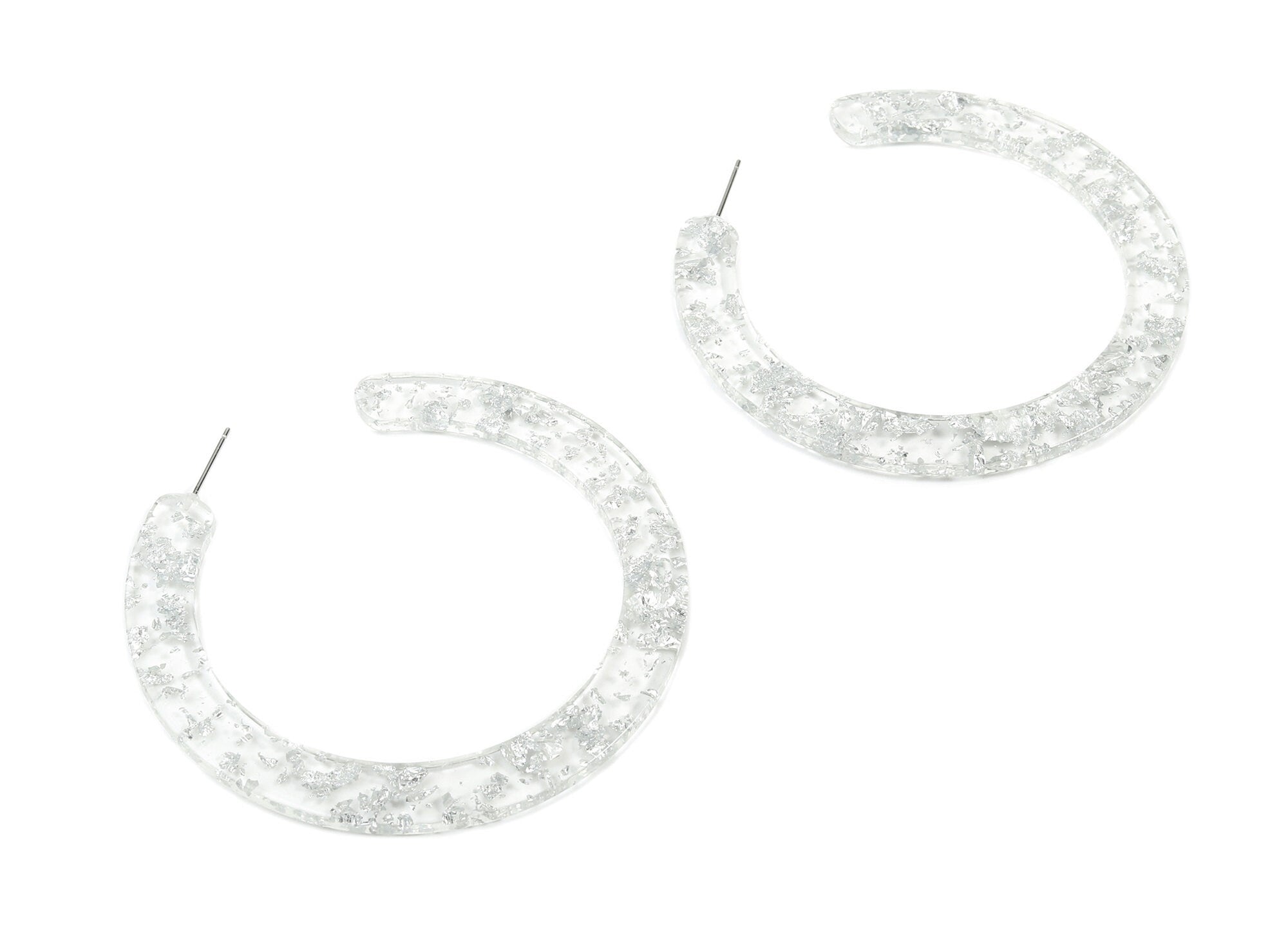 Open Hoop Earrings Stud - 2.5 inch Hoop Earring - Silver Foil Clear Acetate Round Earring Post - Color Code: A254 - 63.5x2.5mm - AC1572-A254 - DOMEDBAZAAR