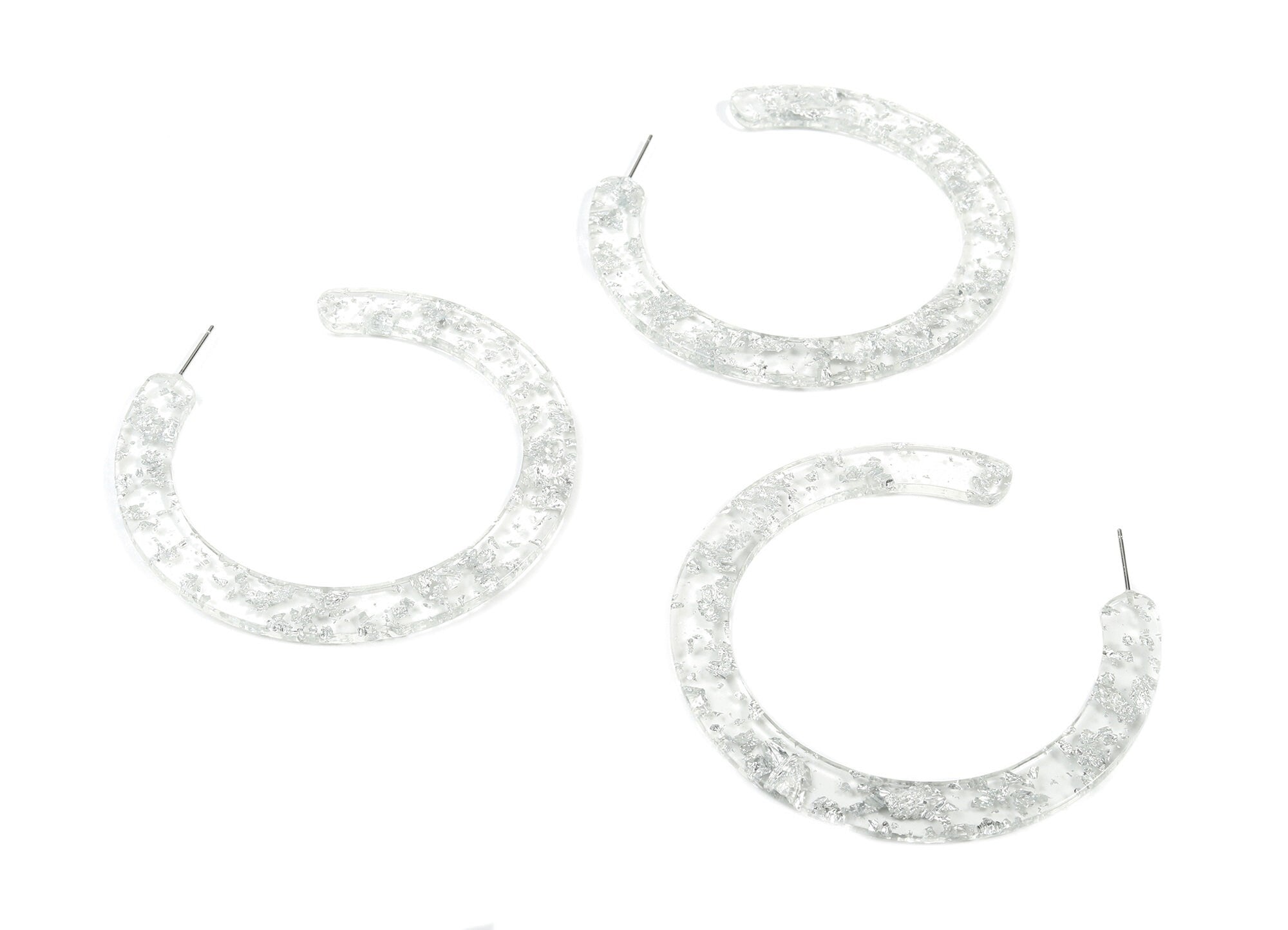 Open Hoop Earrings Stud - 2.5 inch Hoop Earring - Silver Foil Clear Acetate Round Earring Post - Color Code: A254 - 63.5x2.5mm - AC1572-A254 - DOMEDBAZAAR