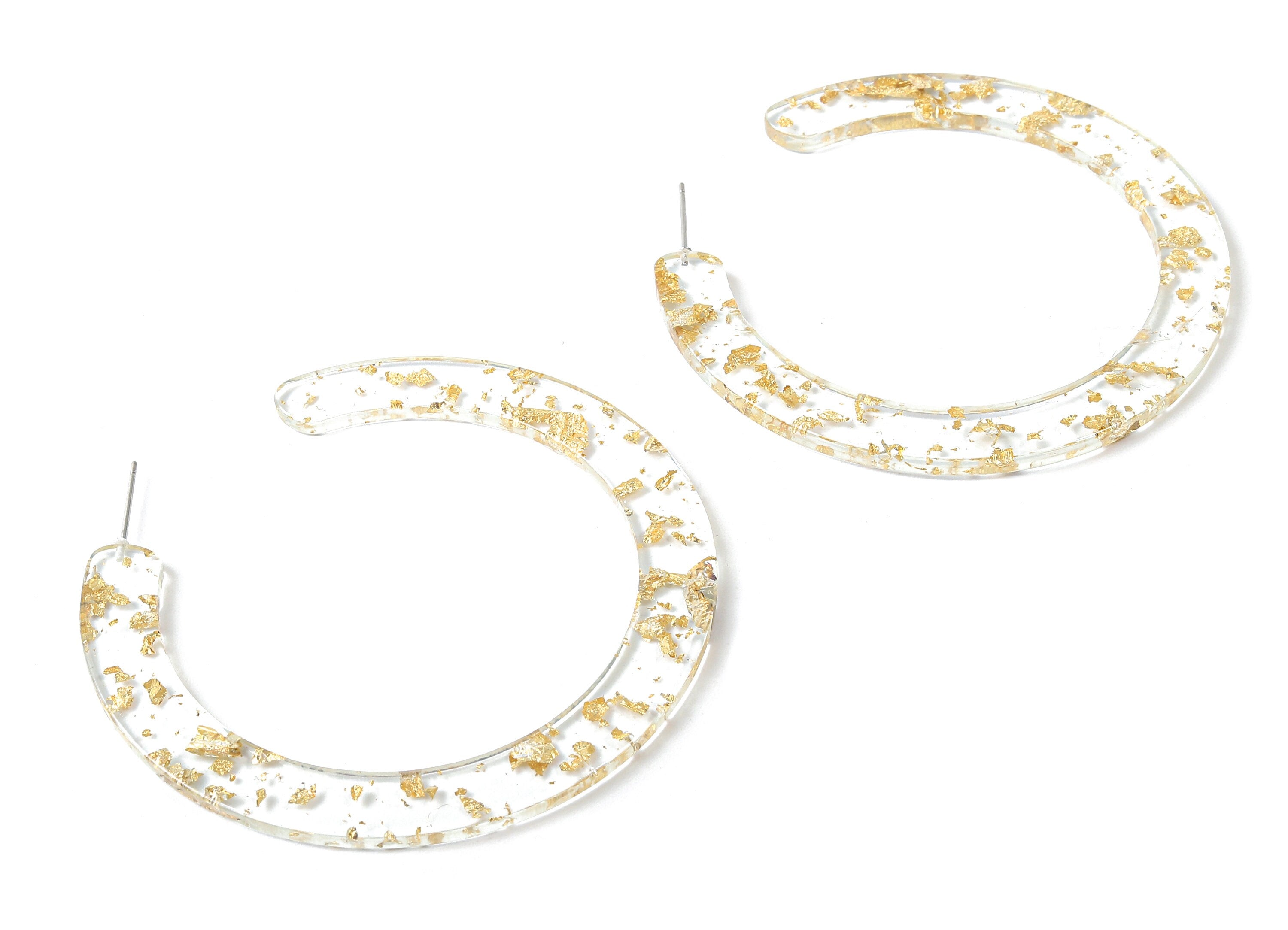 Open Hoop Earrings Stud - 2.5 inch Hoop Earring - Gold Foil Clear Acetate Round Earring Post - Color Code: A255 - 63.5x2.5mm - AC1572-A255 - DOMEDBAZAAR