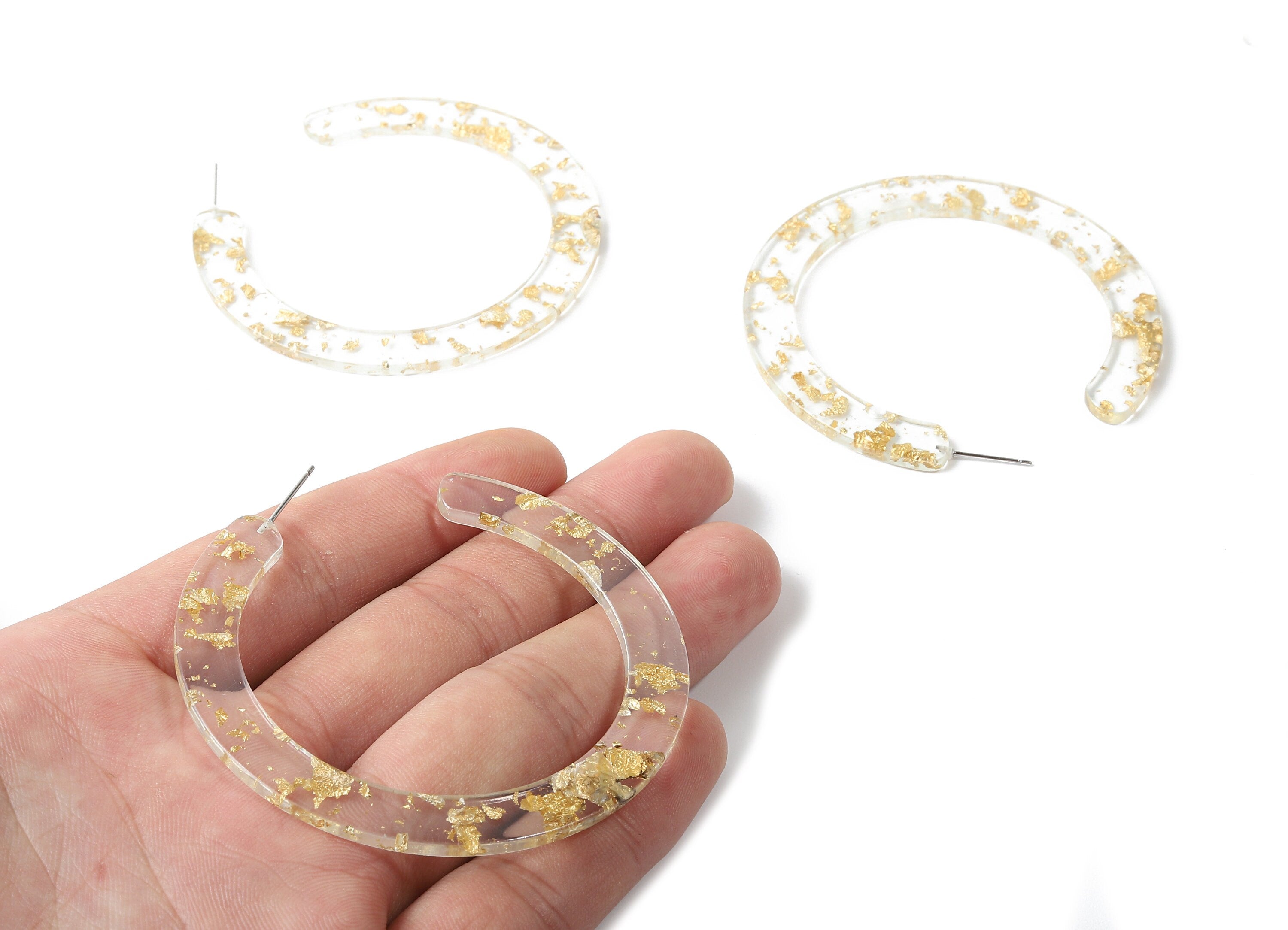 Open Hoop Earrings Stud - 2.5 inch Hoop Earring - Gold Foil Clear Acetate Round Earring Post - Color Code: A255 - 63.5x2.5mm - AC1572-A255 - DOMEDBAZAAR