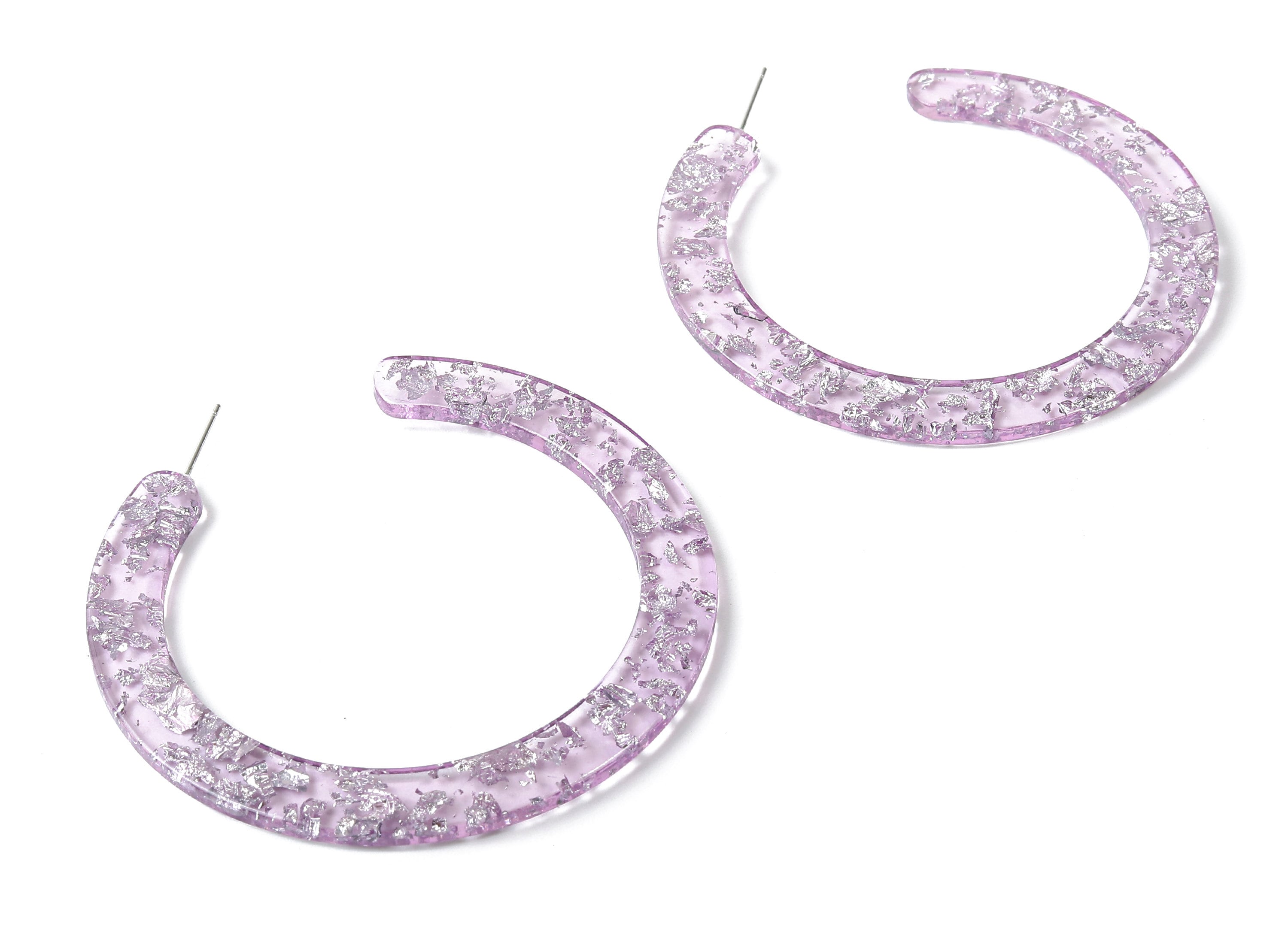 Open Hoop Earrings Stud - 2.5 inch Hoop Earring - Silver Foil Purple Acetate Round Earring Post - Color Code:A375 - 63.5x2.5mm - AC1572-A375 - DOMEDBAZAAR