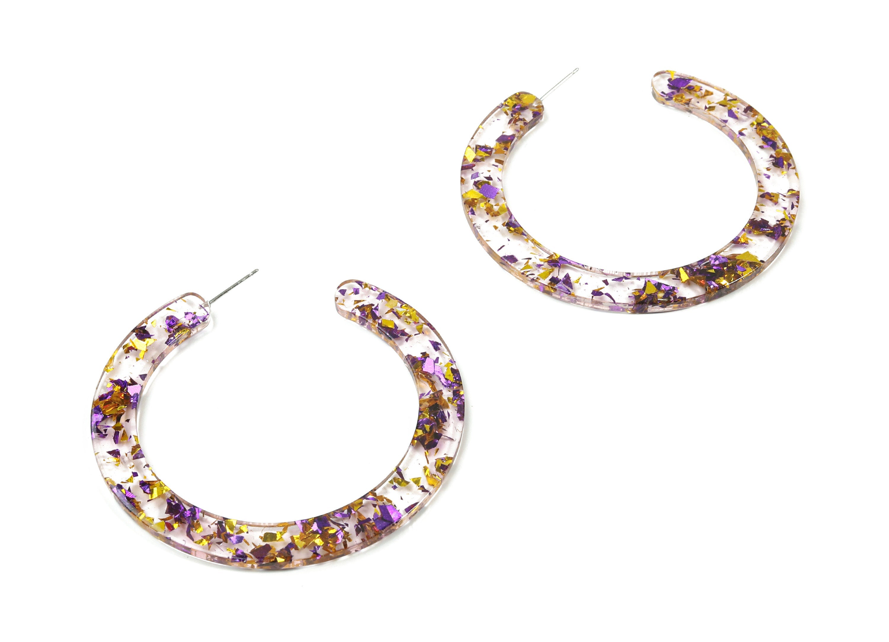 Open Hoop Earrings Stud - 2.5 inch Hoop Earring - Gold Purple Foil Clear Acetate Round Earring Post - Color :A388 - 63.5x2.5mm - AC1572-A388 - DOMEDBAZAAR