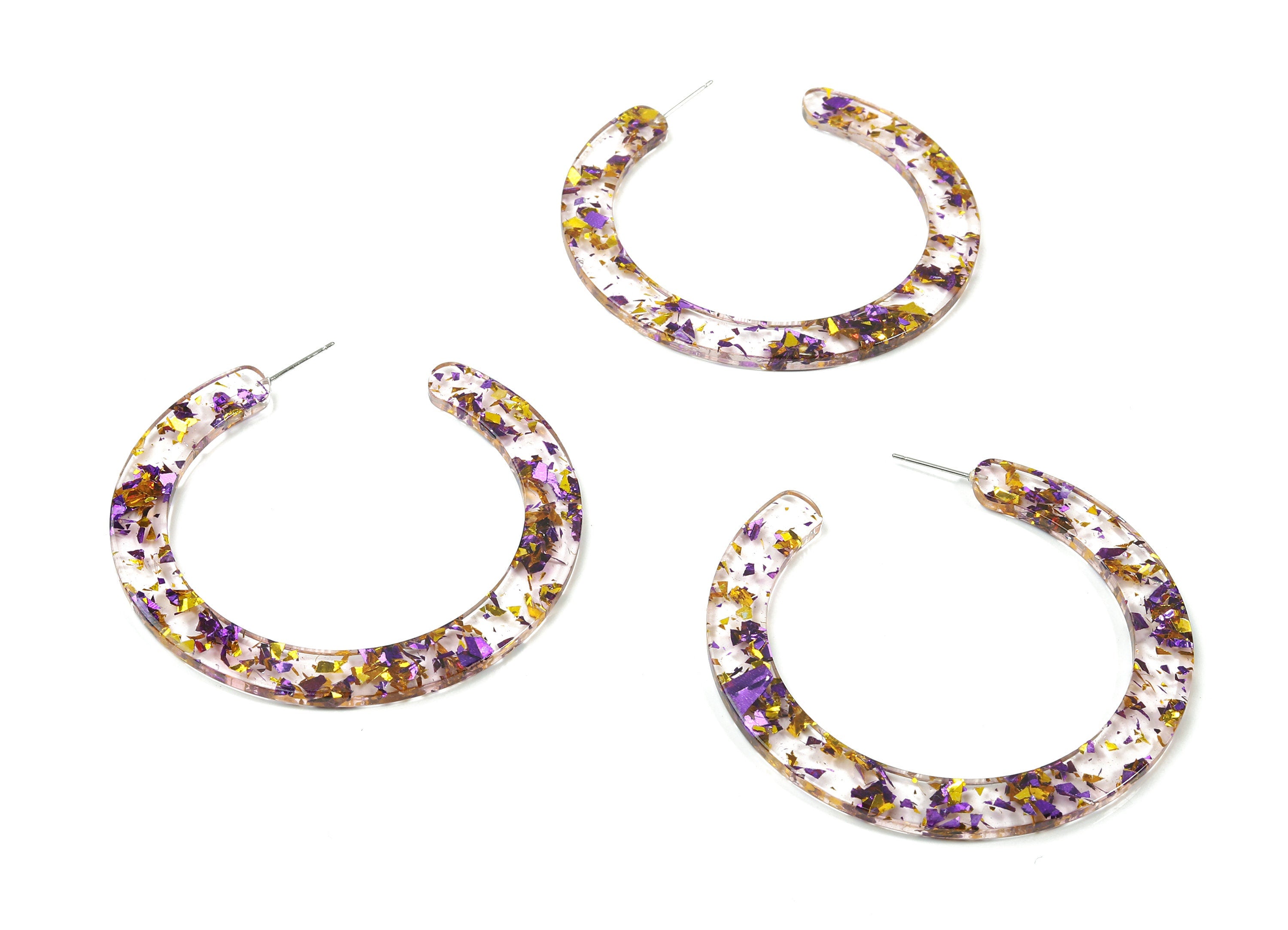 Open Hoop Earrings Stud - 2.5 inch Hoop Earring - Gold Purple Foil Clear Acetate Round Earring Post - Color :A388 - 63.5x2.5mm - AC1572-A388 - DOMEDBAZAAR
