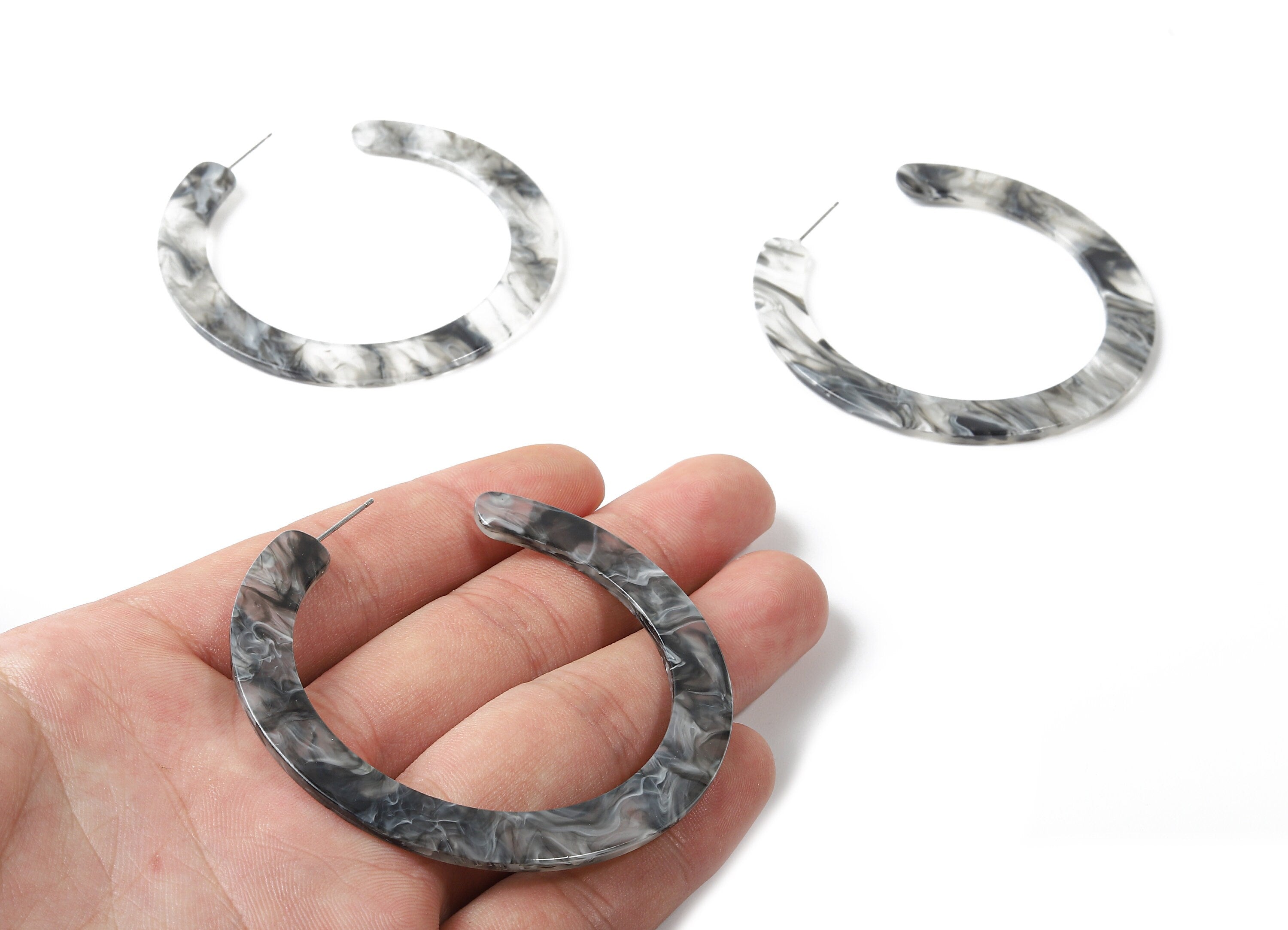 Open Hoop Earrings Stud - 2.5 inch Hoop Earring - Gray Smoke Acetate Round Earring Post Circle - Color Code: A231 - 63.5x2.5mm - AC1572-A231 - DOMEDBAZAAR