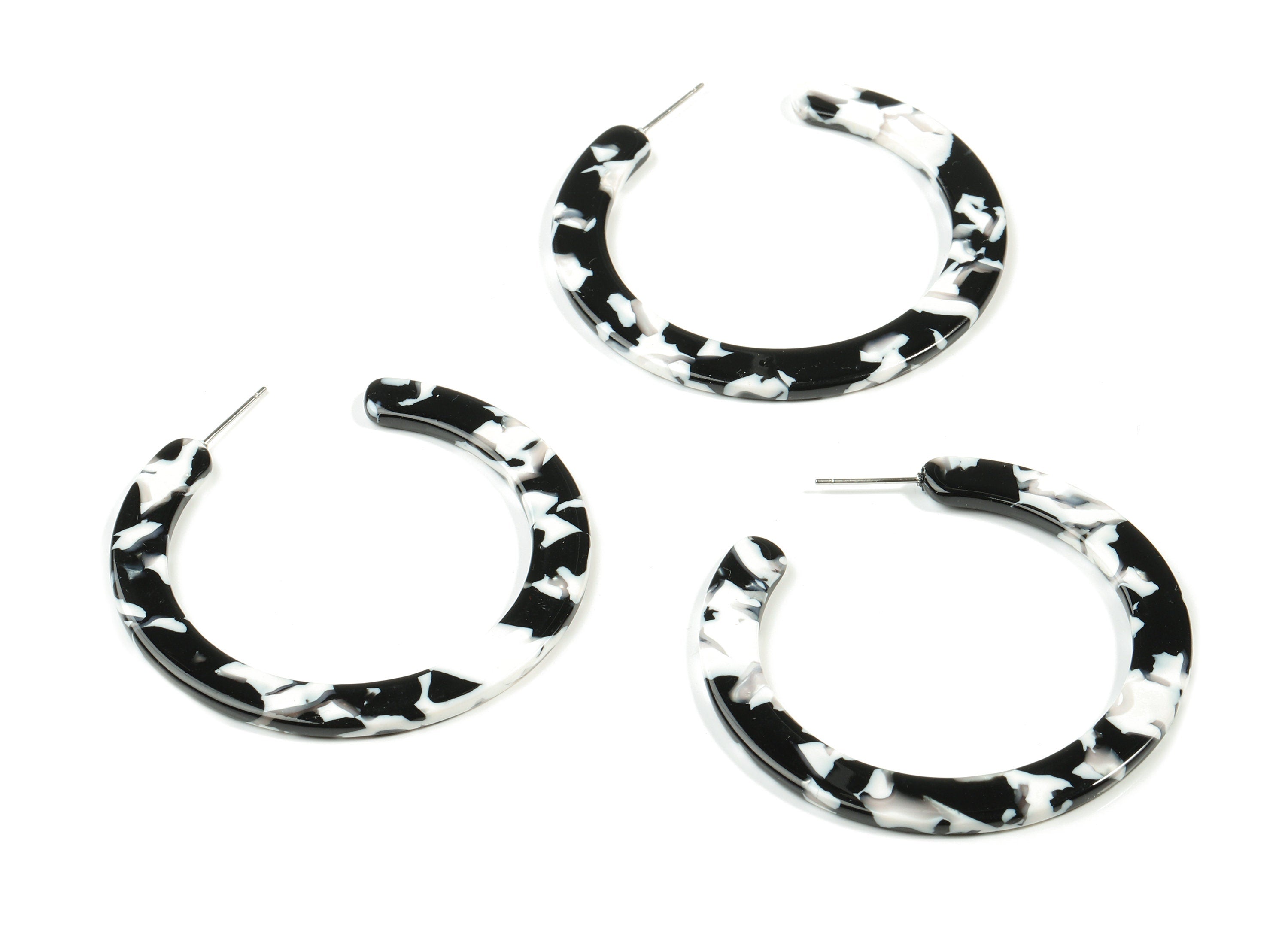 Open Hoop Earrings Stud - 2 inch Hoop Earring - Black White Acetate Round Earring Post - Color Code: A261 - 52x50x2.5mm - AC1830-A261 - DOMEDBAZAAR