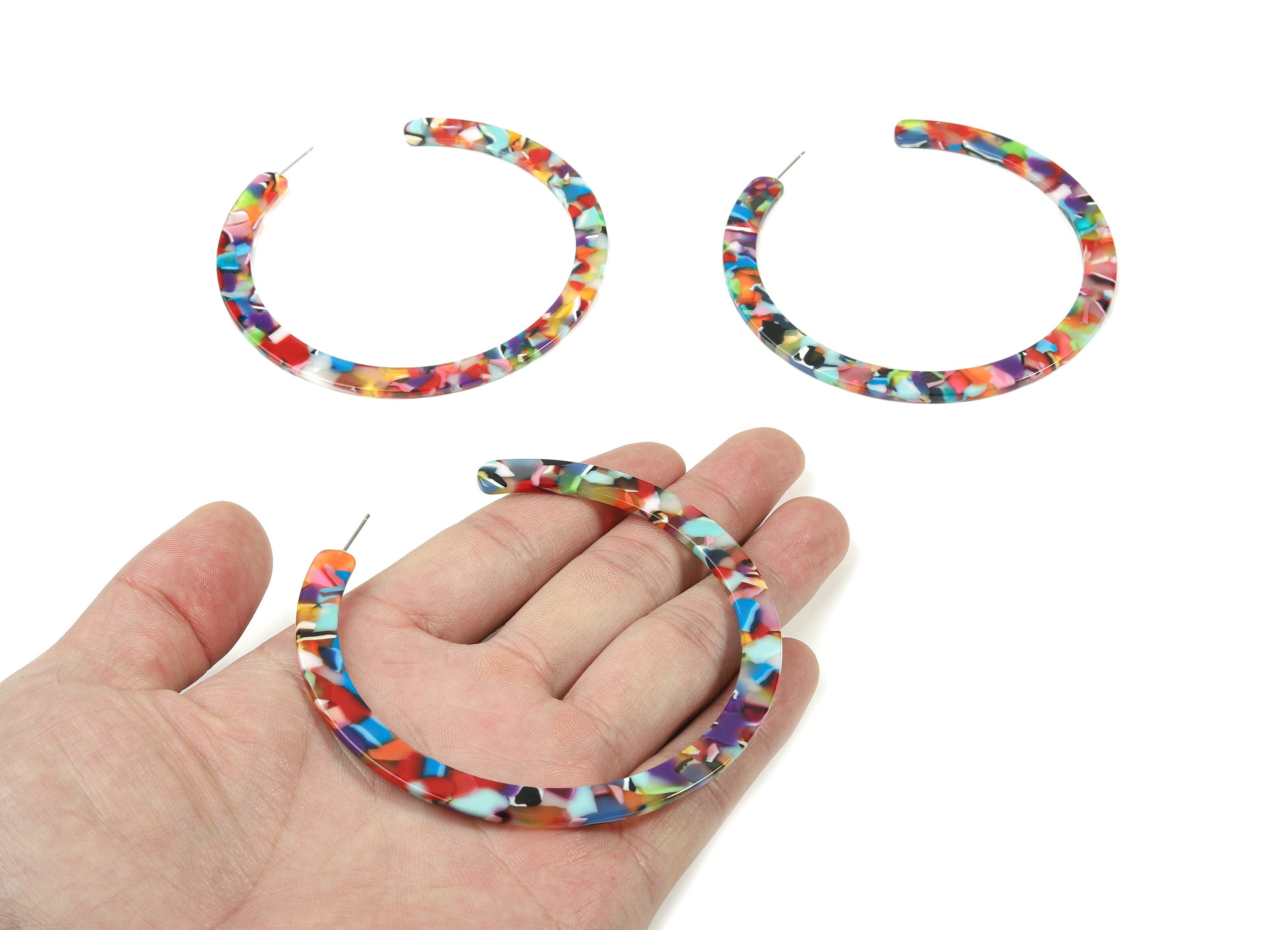 Open Hoop Earrings Stud - 3.3 inch Hoop Earring - Rainbow Acetate Round Earring Post - Open Circle - Color Code: A21 - 83x2.5mm - AC1838-A21 - DOMEDBAZAAR