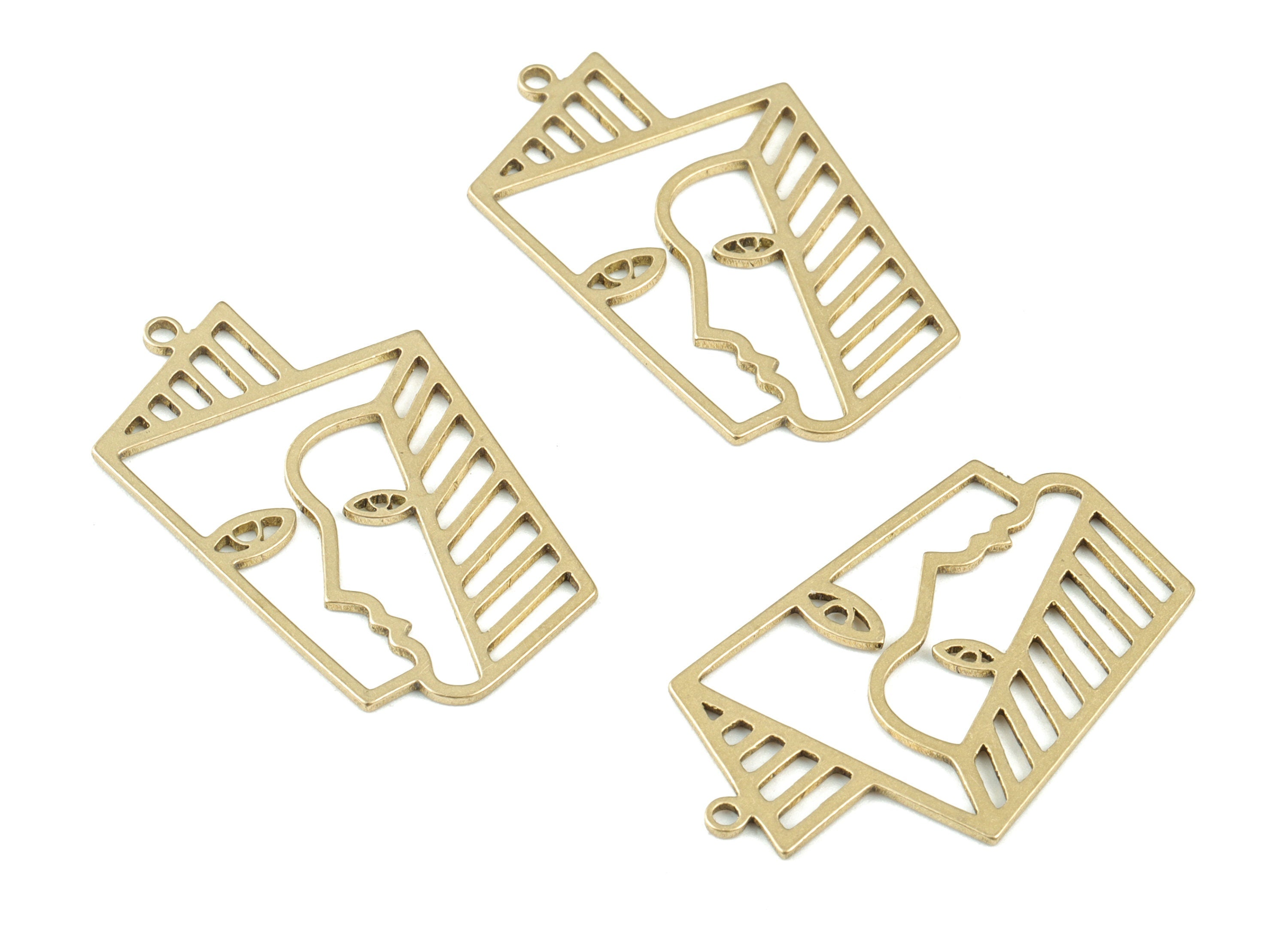 Geometric Faces Pendant - Raw Brass Faces Earring Charms - Earrings Finding - Jewelry Supplies - 31x19x0.9mm - PPM3519 - DOMEDBAZAAR