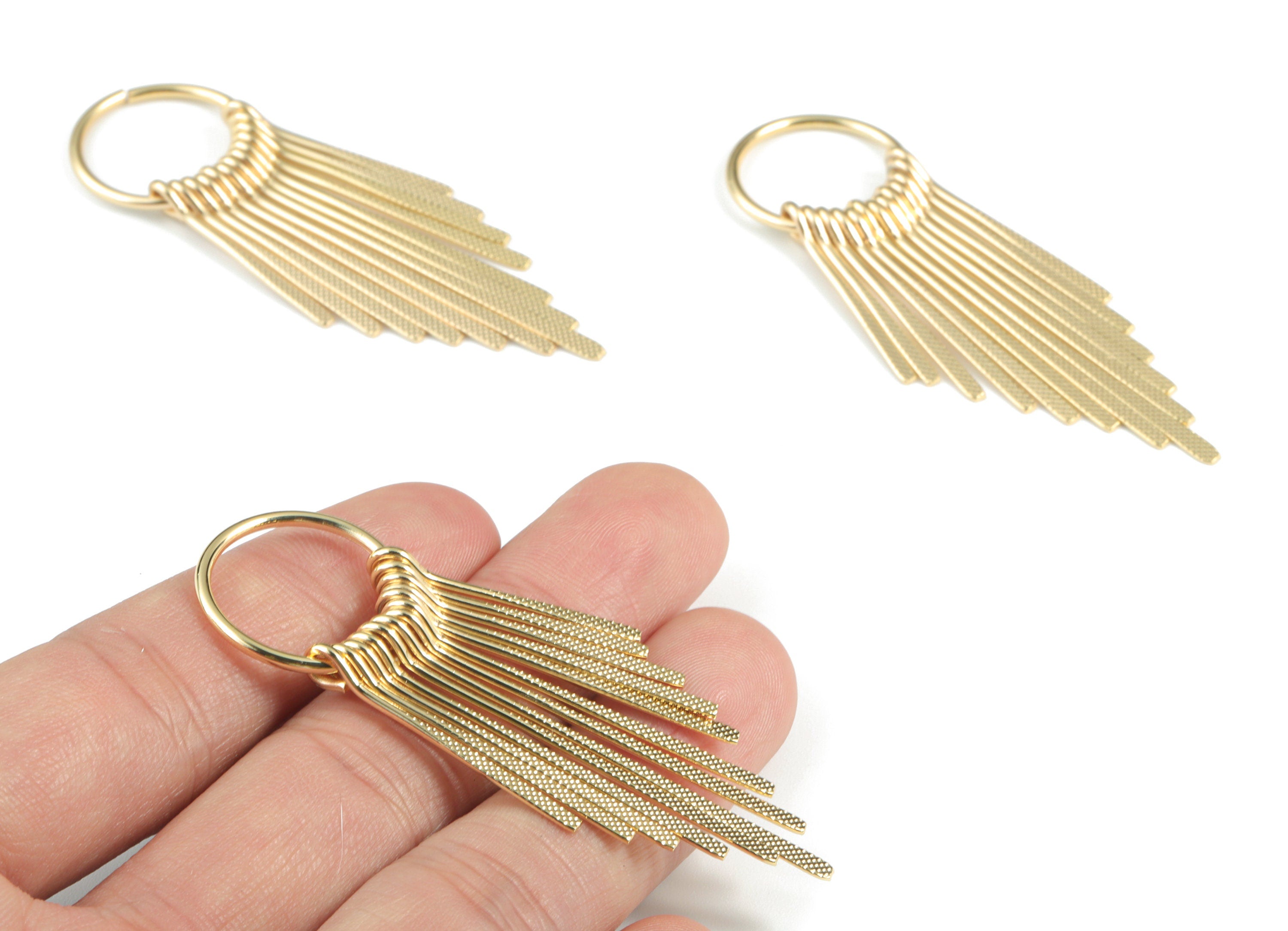 Gold Fringed Earring Charms - 18K Real Gold Brass Hammered Fringed Trim Charms - Jewelry Supplies - 64.52x22.08x4.82mm - RGP2731 - DOMEDBAZAAR