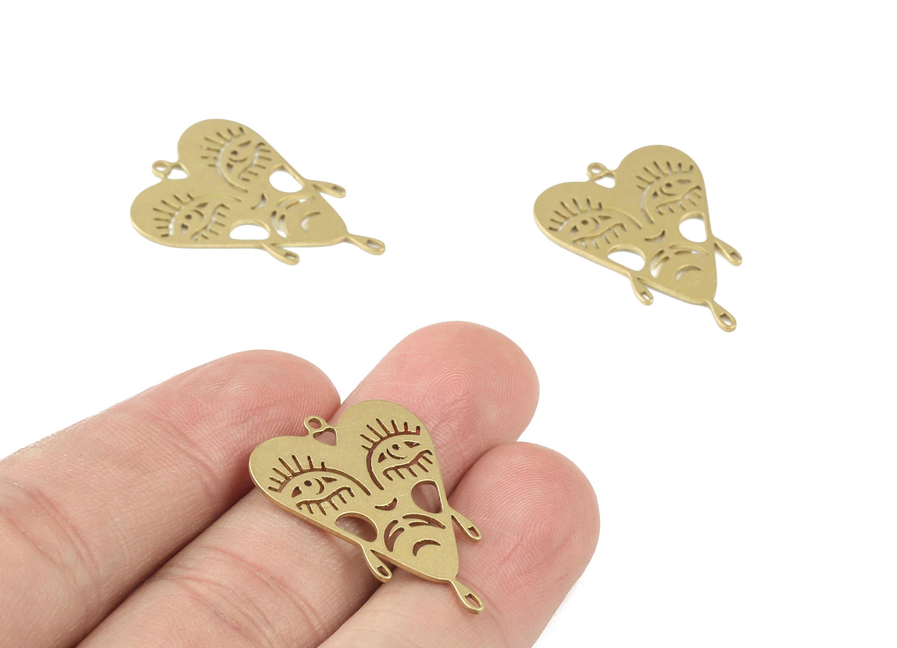 Heart Face Earring Connector - Raw Brass Face Heart Pendant - Jewelry Making Supplies - 30x20x0.8mm - PPM3514 - DOMEDBAZAAR