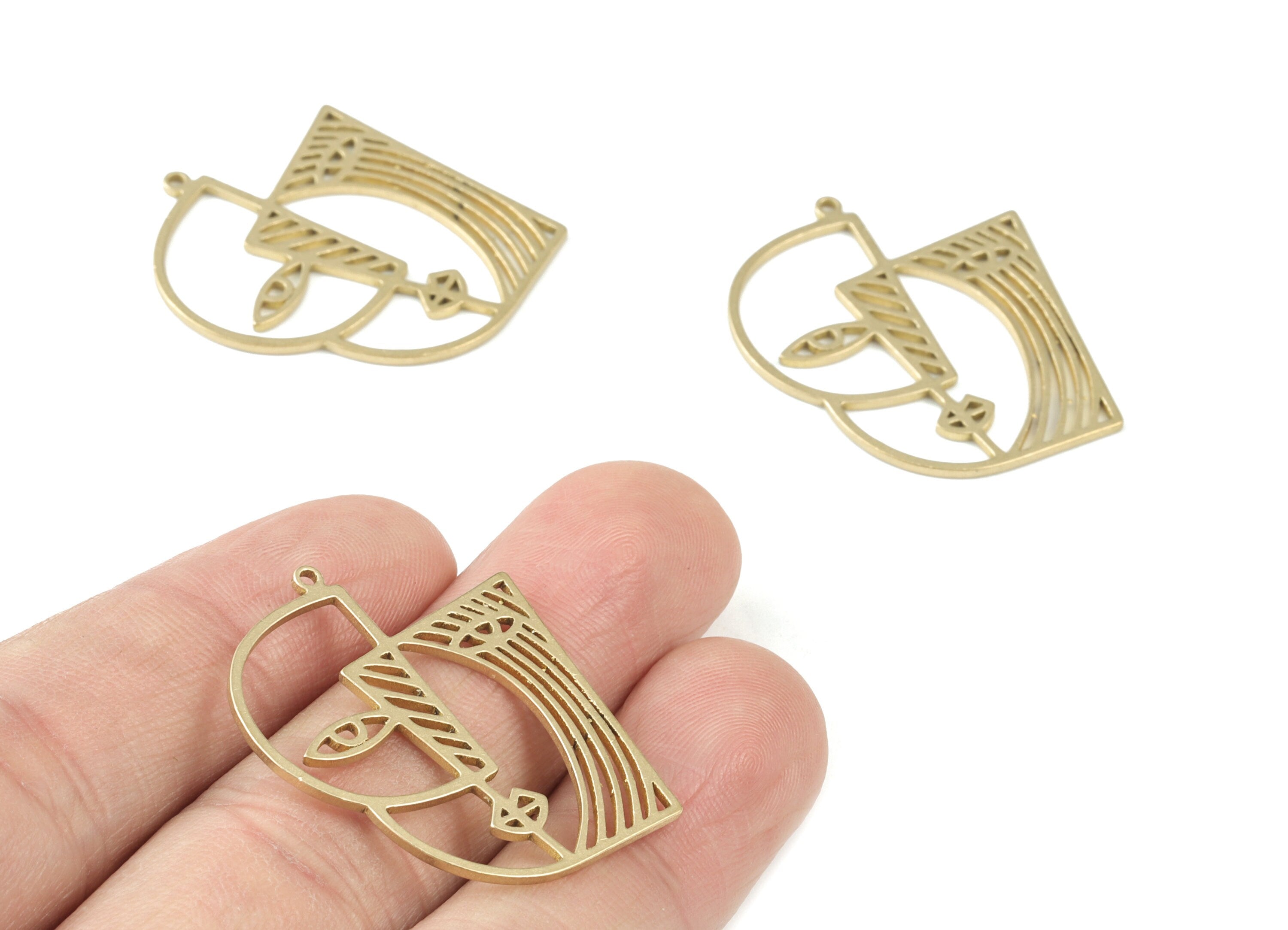 Abstrack Face Earring Charms - Raw Brass Woman Face Pendant - Jewelry Making Supplies - 31x26x1mm - PPM3455 - DOMEDBAZAAR