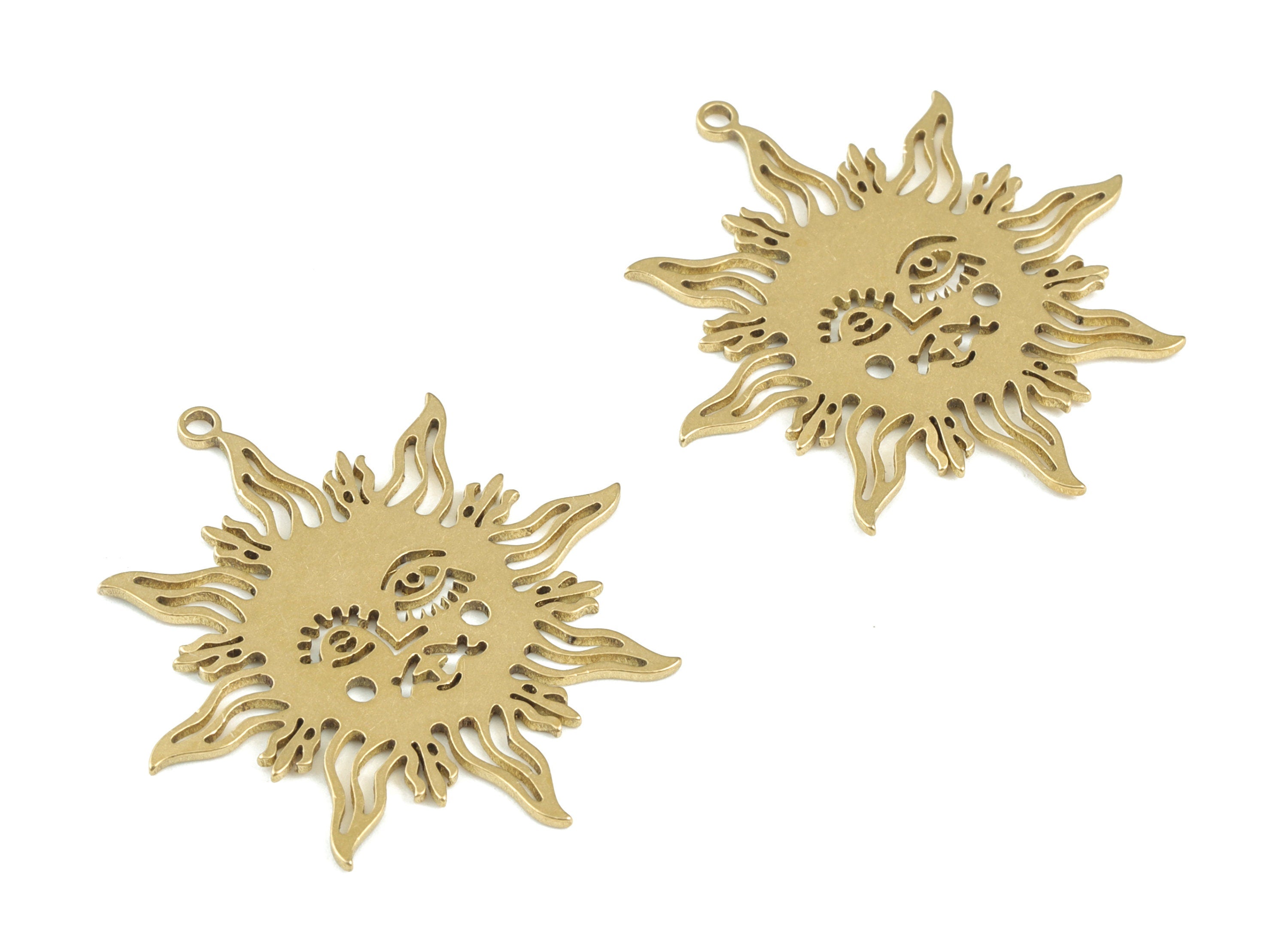 Sun Face Pendant - Raw Brass Sun Face Earring Charms -Sun Eyelash Pendant - Jewelry Making Supplies - 31x27x0.8mm - PPM3543 - DOMEDBAZAAR