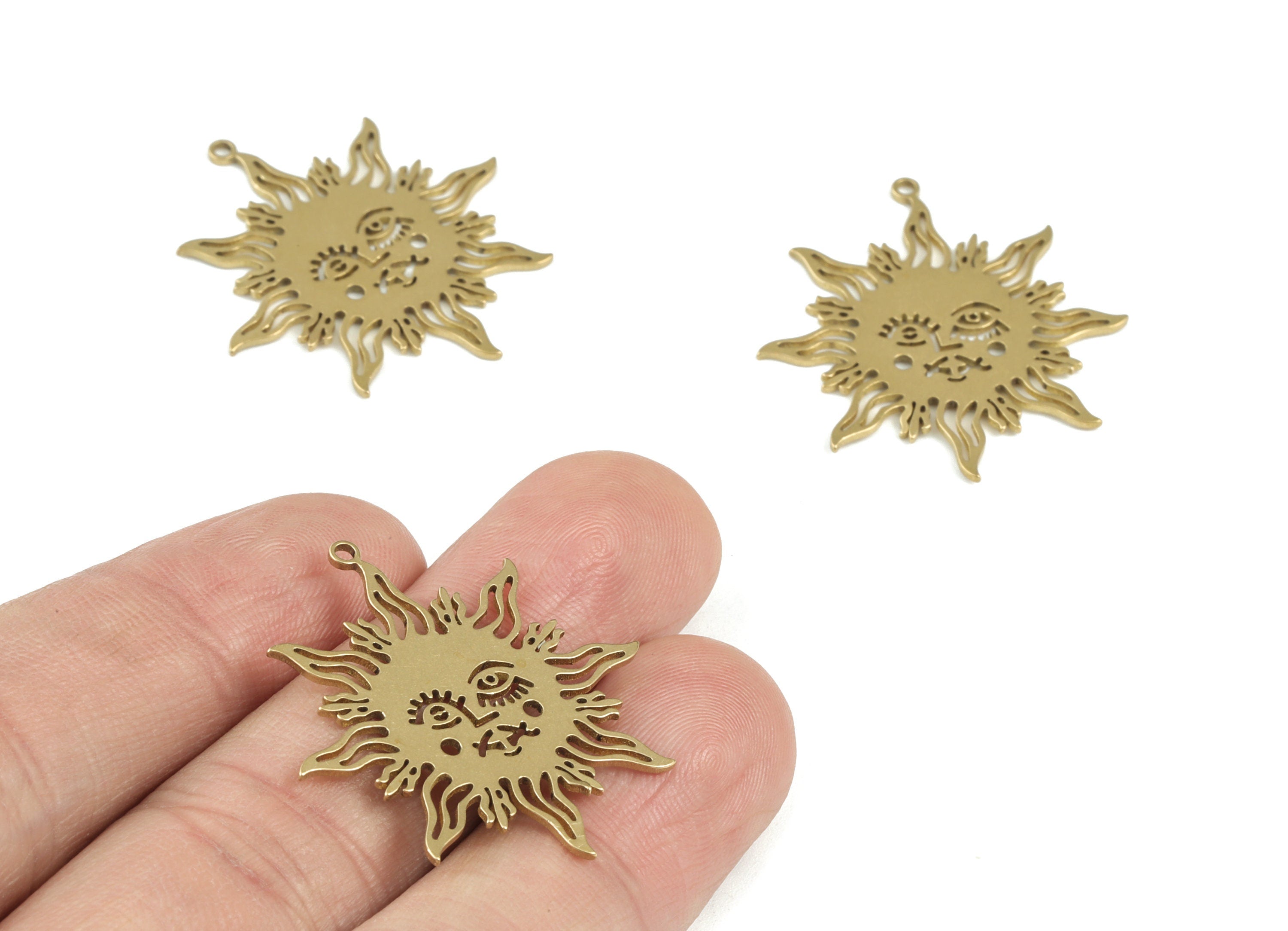 Sun Face Pendant - Raw Brass Sun Face Earring Charms -Sun Eyelash Pendant - Jewelry Making Supplies - 31x27x0.8mm - PPM3543 - DOMEDBAZAAR