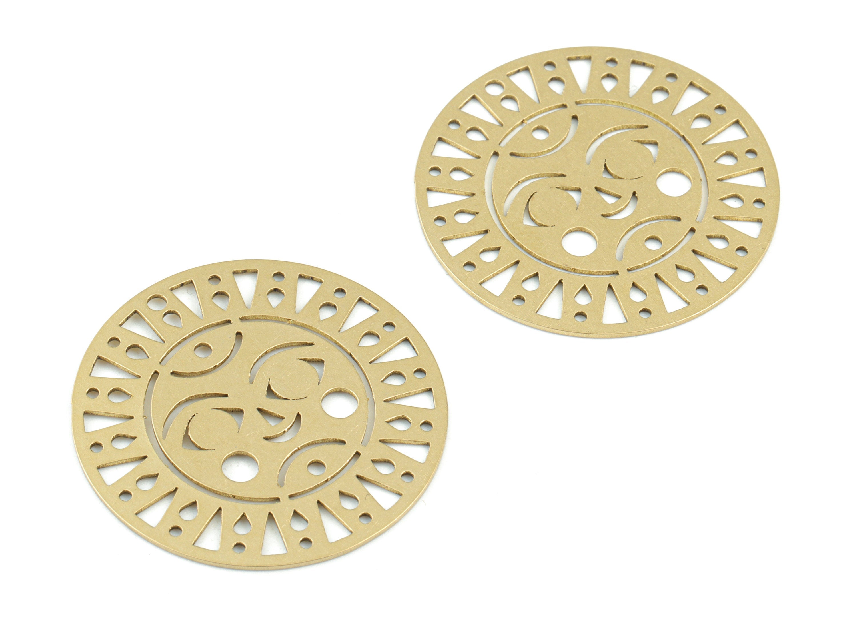 Sun Face Circle Pendant - Raw Brass Sun Face Round Earring Charms  - Jewelry Making Supplies - 30x30 x0.6mm - PPM3588 - DOMEDBAZAAR