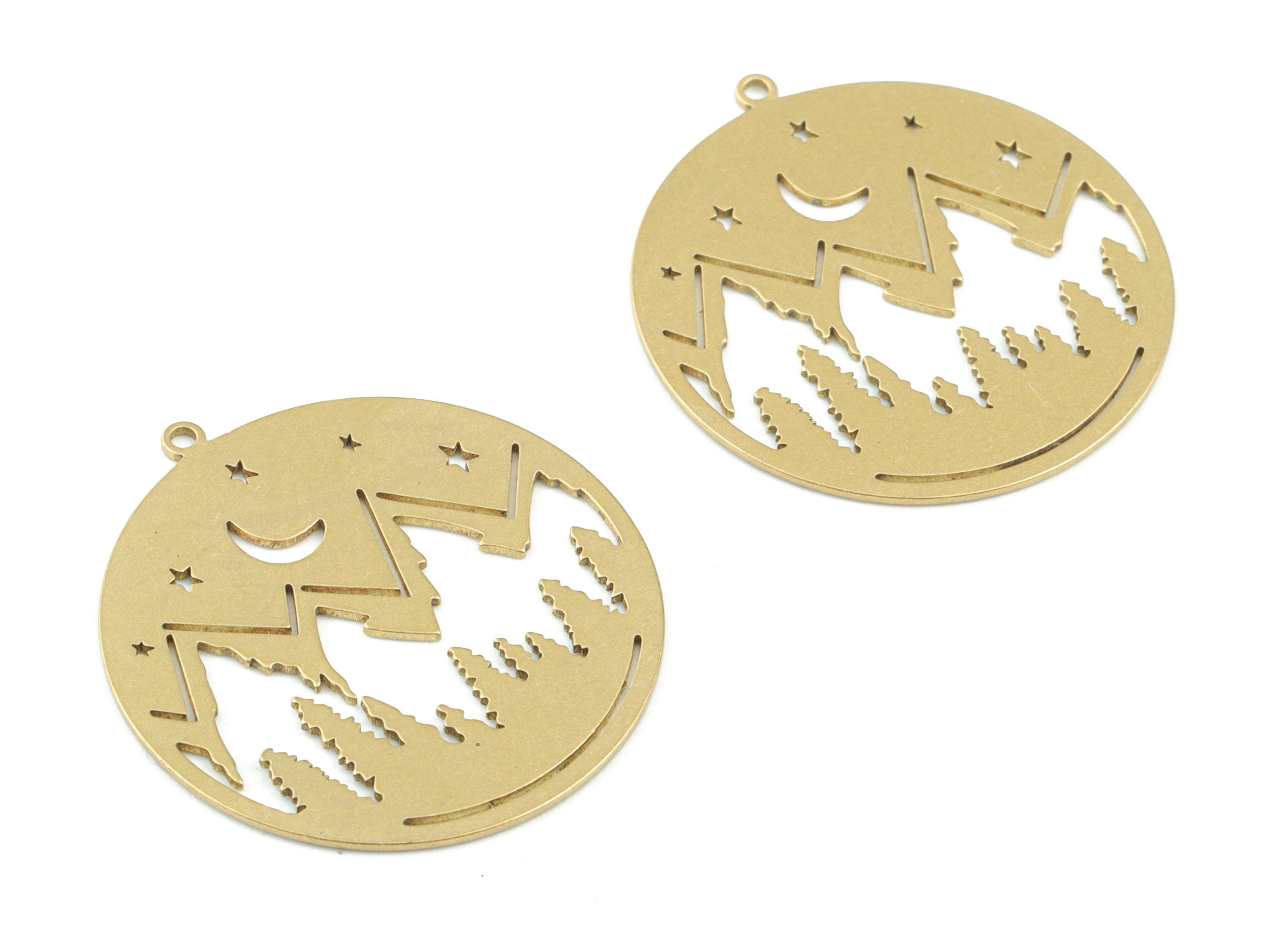 Mountain Moon Stars Pendant - Raw Brass Mountain Crescent Earring - Landscape Circle Charms - Jewellery Supplies - 32x30x0.8mm - PPM3649 - DOMEDBAZAAR