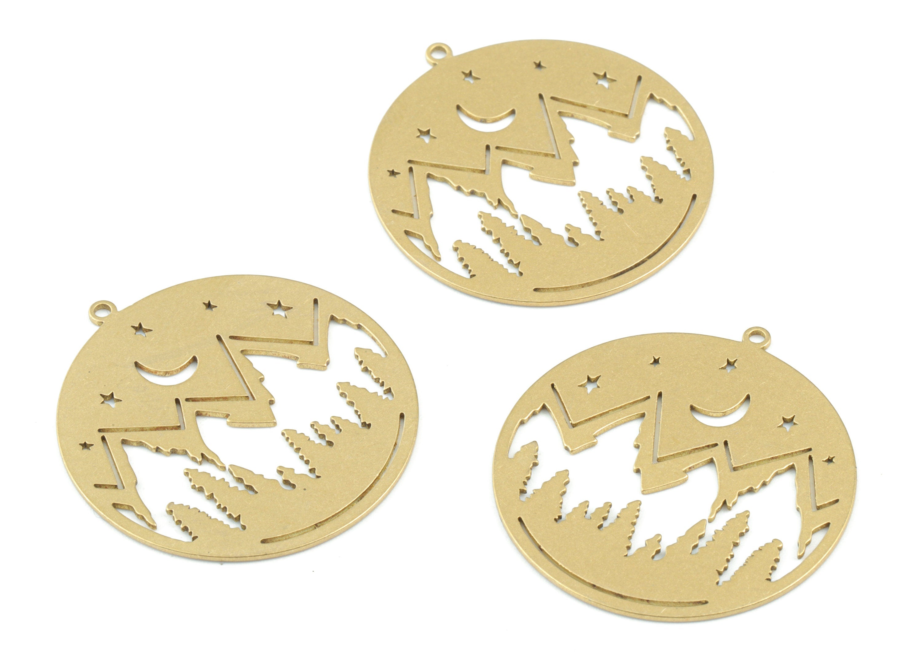 Mountain Moon Stars Pendant - Raw Brass Mountain Crescent Earring - Landscape Circle Charms - Jewellery Supplies - 32x30x0.8mm - PPM3649 - DOMEDBAZAAR