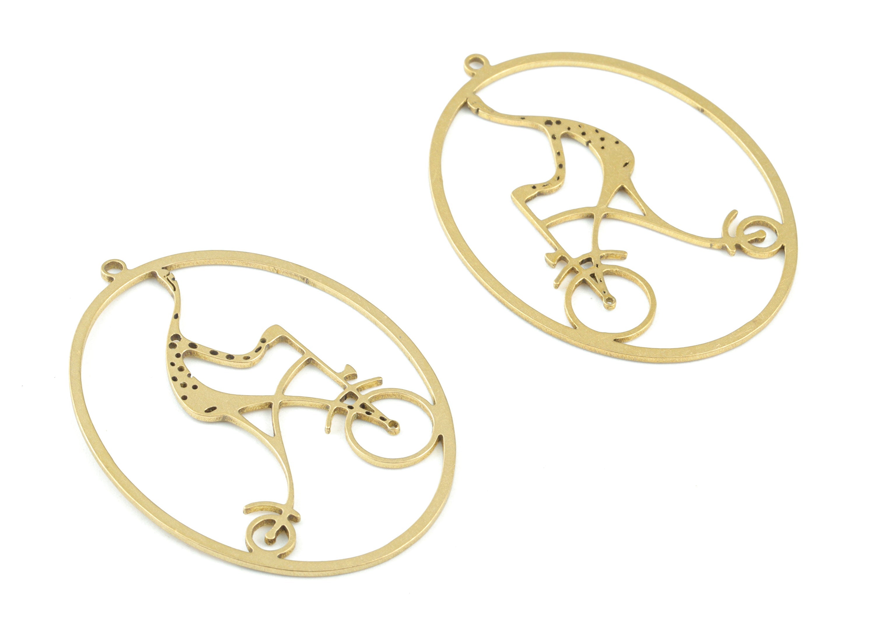Giraffe Bike Oval Pendant - Raw Brass Biker Giraffe Oval Earring Charms --Oval Bike Charms -Jewelry Making Supplies - 40x30 x0.8mm - PPM3678 - DOMEDBAZAAR