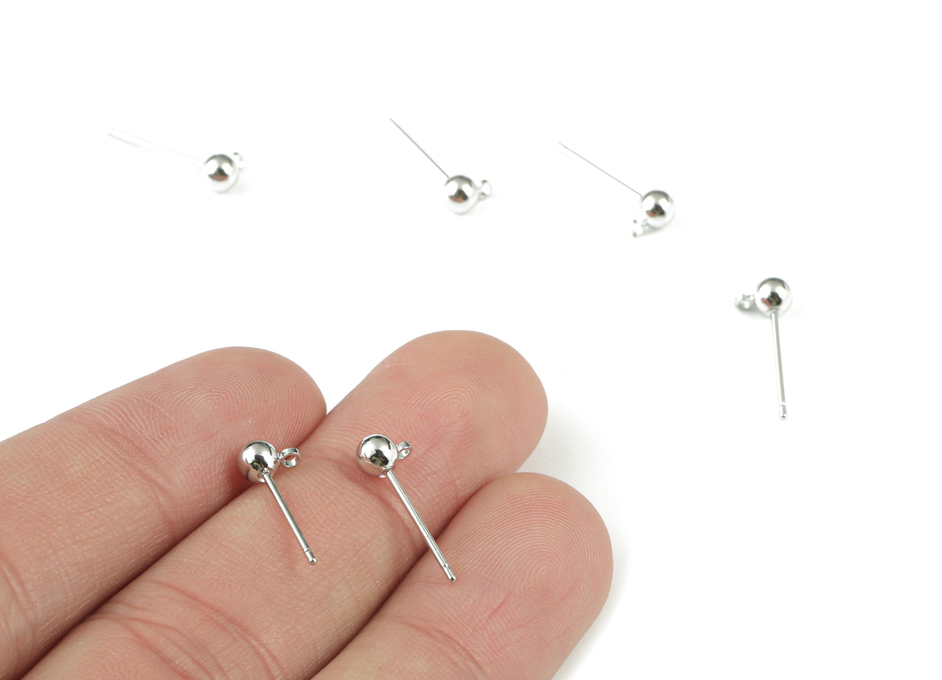 Silver Ball Stud Earring With Loop - 18K Real White Gold Plated Brass Ball Post Loop - 316 Stainless Steel - 5.93x5.93x3.92mm - RGP1235S - DOMEDBAZAAR