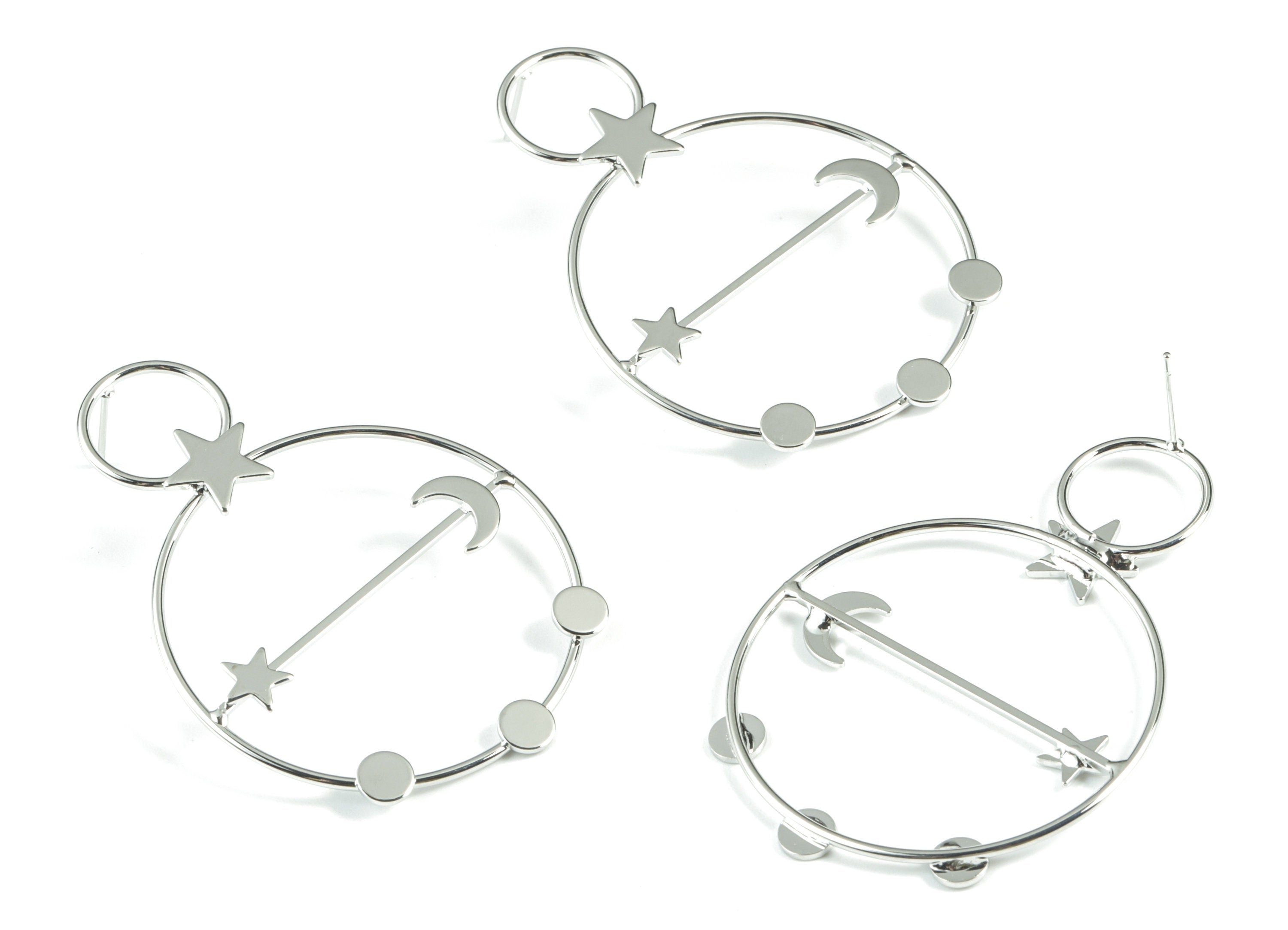 Silver Hoops Stud Earring - 18K Real White Gold Brass Stars Moons Earring Post - Jewelry Supplies - 55.06x37.88x12.96mm - RGP2742S - DOMEDBAZAAR