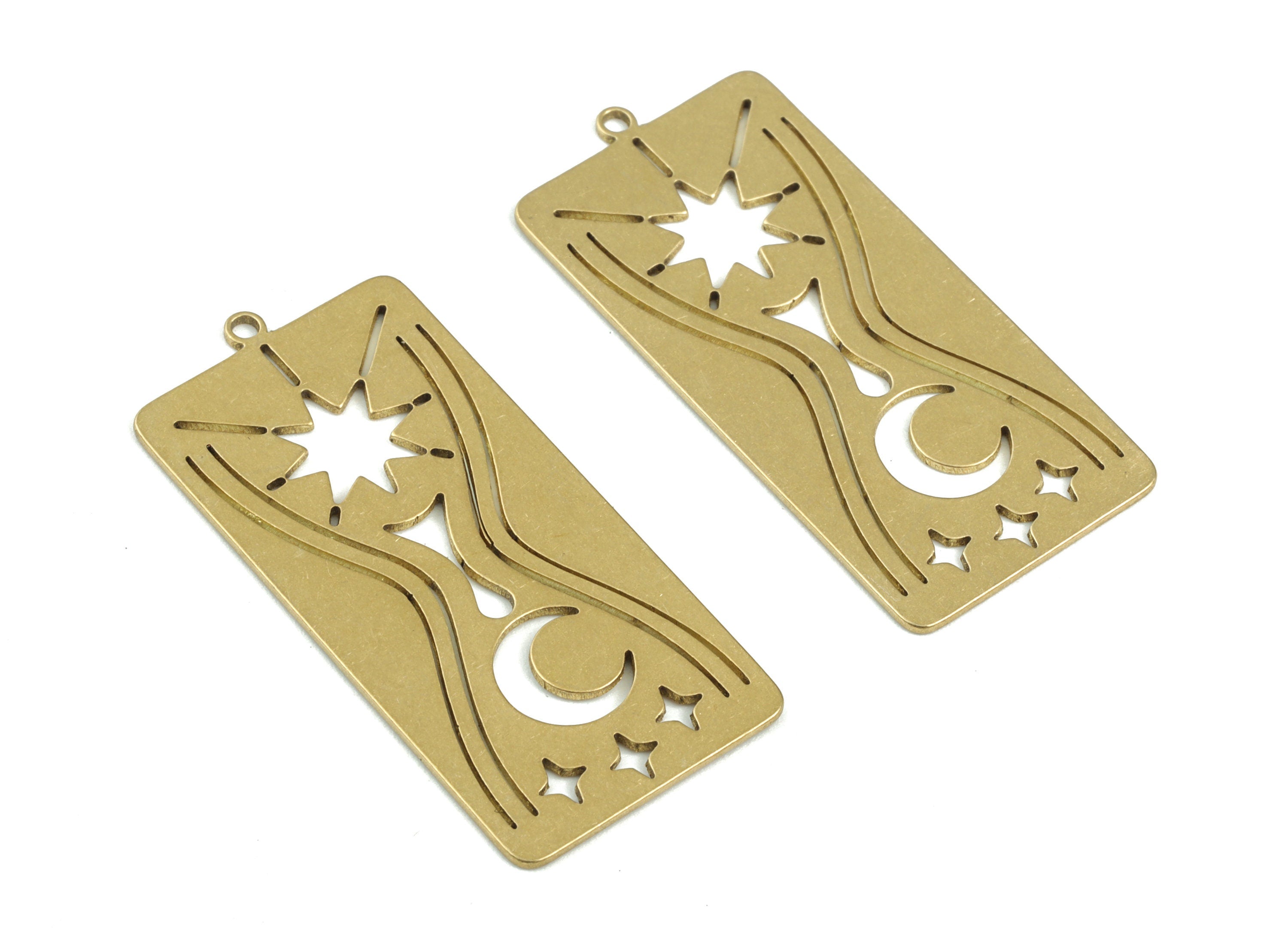 Rectangle Crescent Star Pendant - Raw Brass Rectangle Earring Charms - Jewelry Supplies - 38x18x0.7mm - PPM3709 - DOMEDBAZAAR