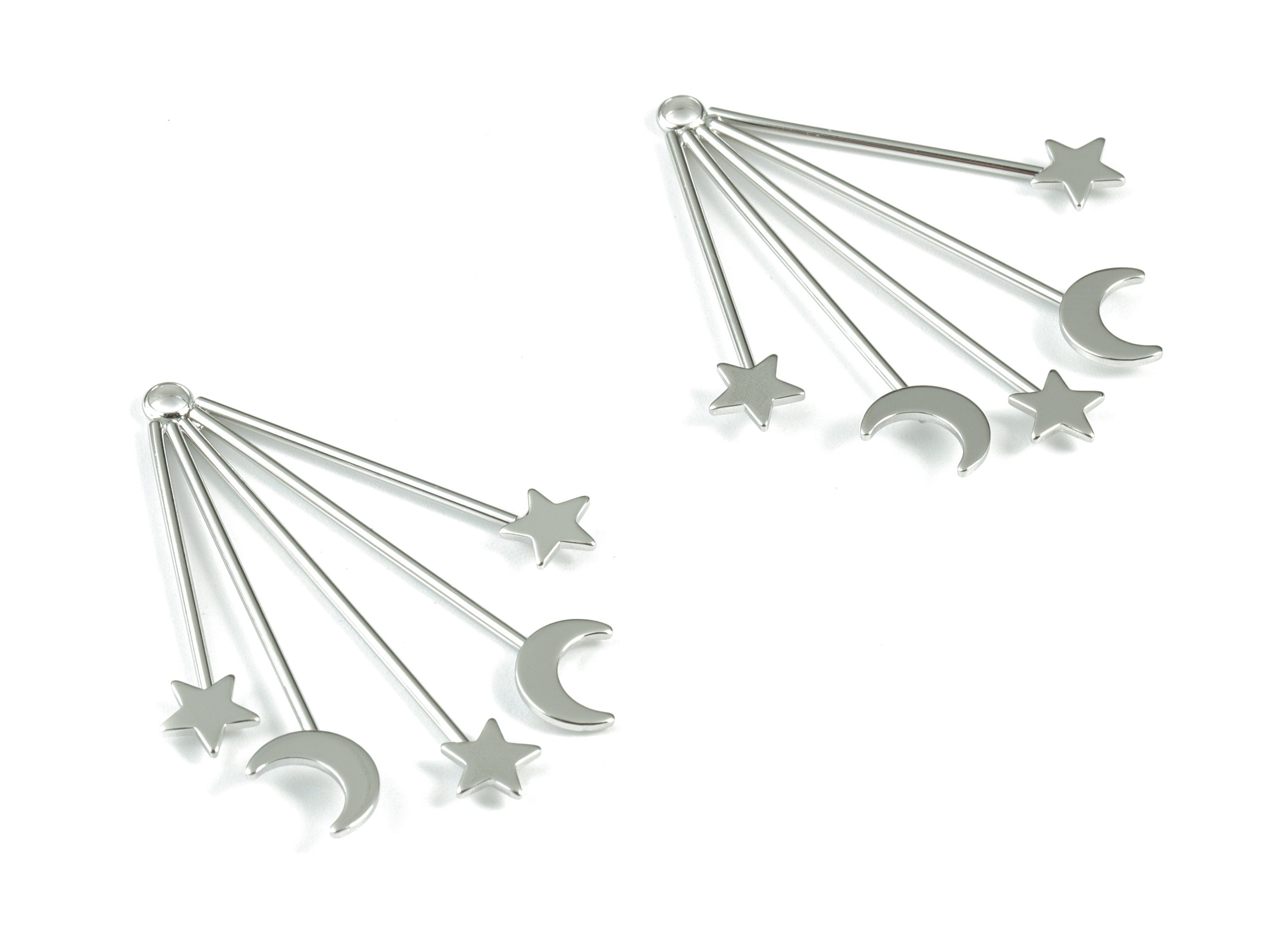 Silver Stars Moon Earring Charms - 18K Real White Gold Plated Stars Moons Pendant - Jewelry Supplies - 40.62x30.69x2.04mm - RGP2748S - DOMEDBAZAAR