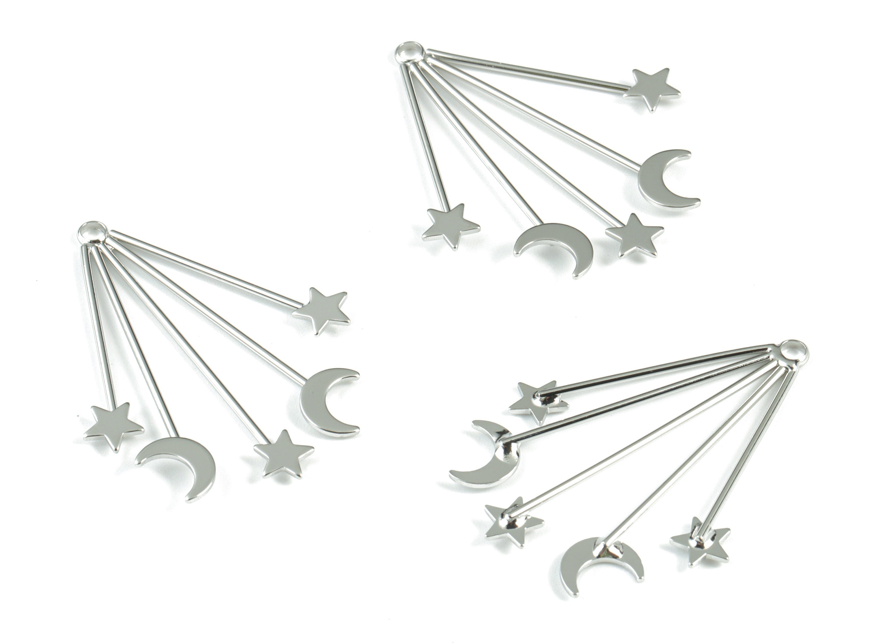 Silver Stars Moon Earring Charms - 18K Real White Gold Plated Stars Moons Pendant - Jewelry Supplies - 40.62x30.69x2.04mm - RGP2748S - DOMEDBAZAAR