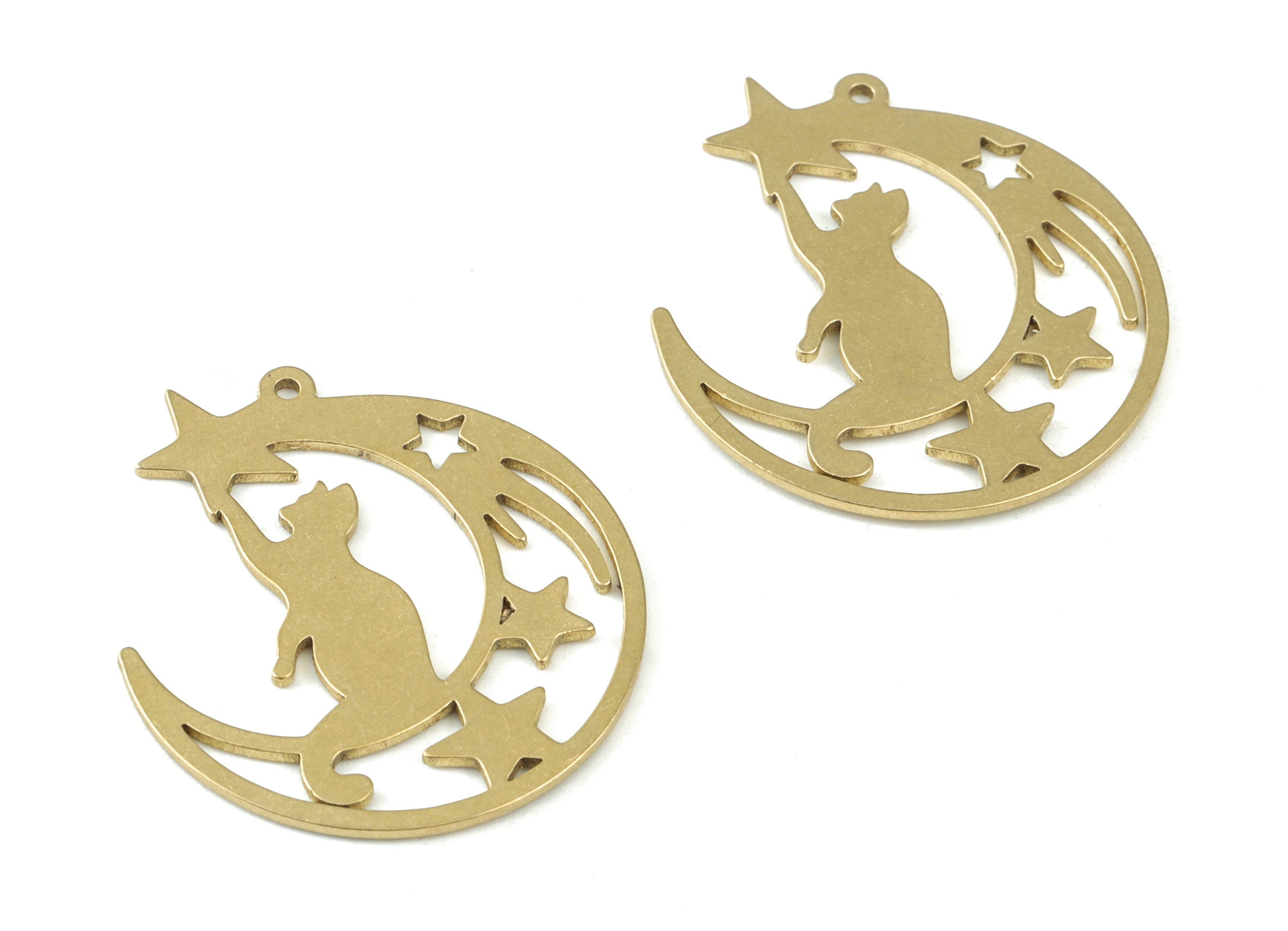 Cat Moon Star Pendant - Raw Brass Cat Moon Star Earring Charms - Jewelry Making Supplies - 29x26x0.9mm - PPM3716 - DOMEDBAZAAR