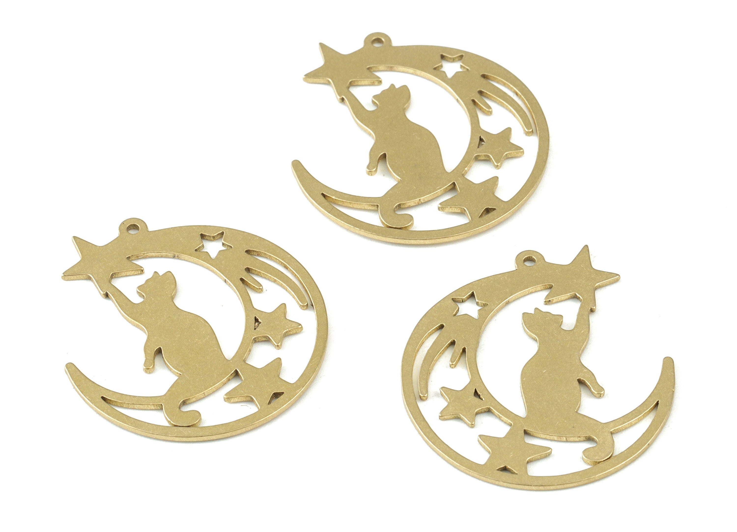 Cat Moon Star Pendant - Raw Brass Cat Moon Star Earring Charms - Jewelry Making Supplies - 29x26x0.9mm - PPM3716 - DOMEDBAZAAR