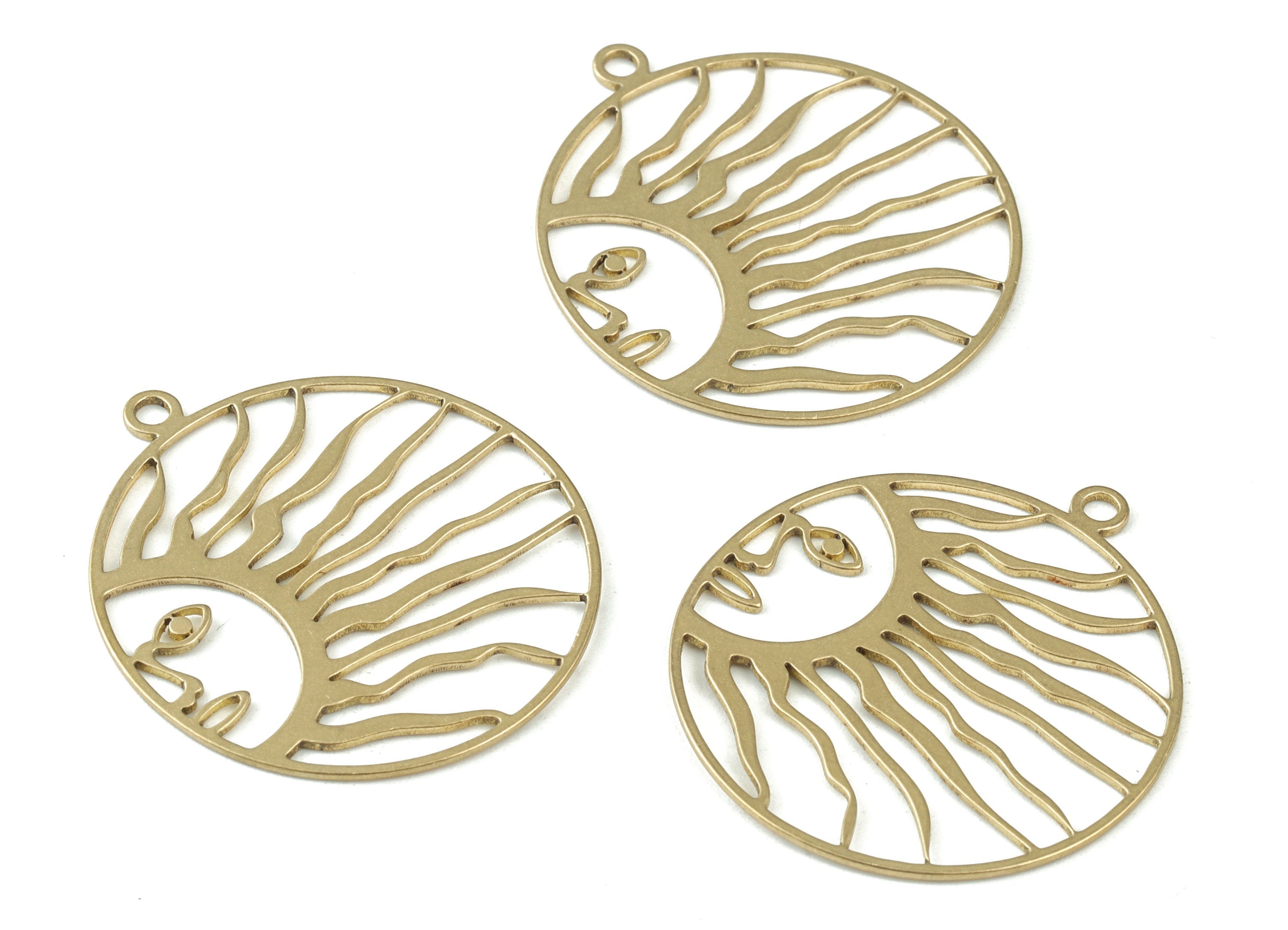 Sunshine Hair Circle Face Pendant - Raw Brass Shine Sun Earring Charms -Sun Round Charm - Jewelry Making Supplies - 33x30x0.8mm - PPM3490 - DOMEDBAZAAR