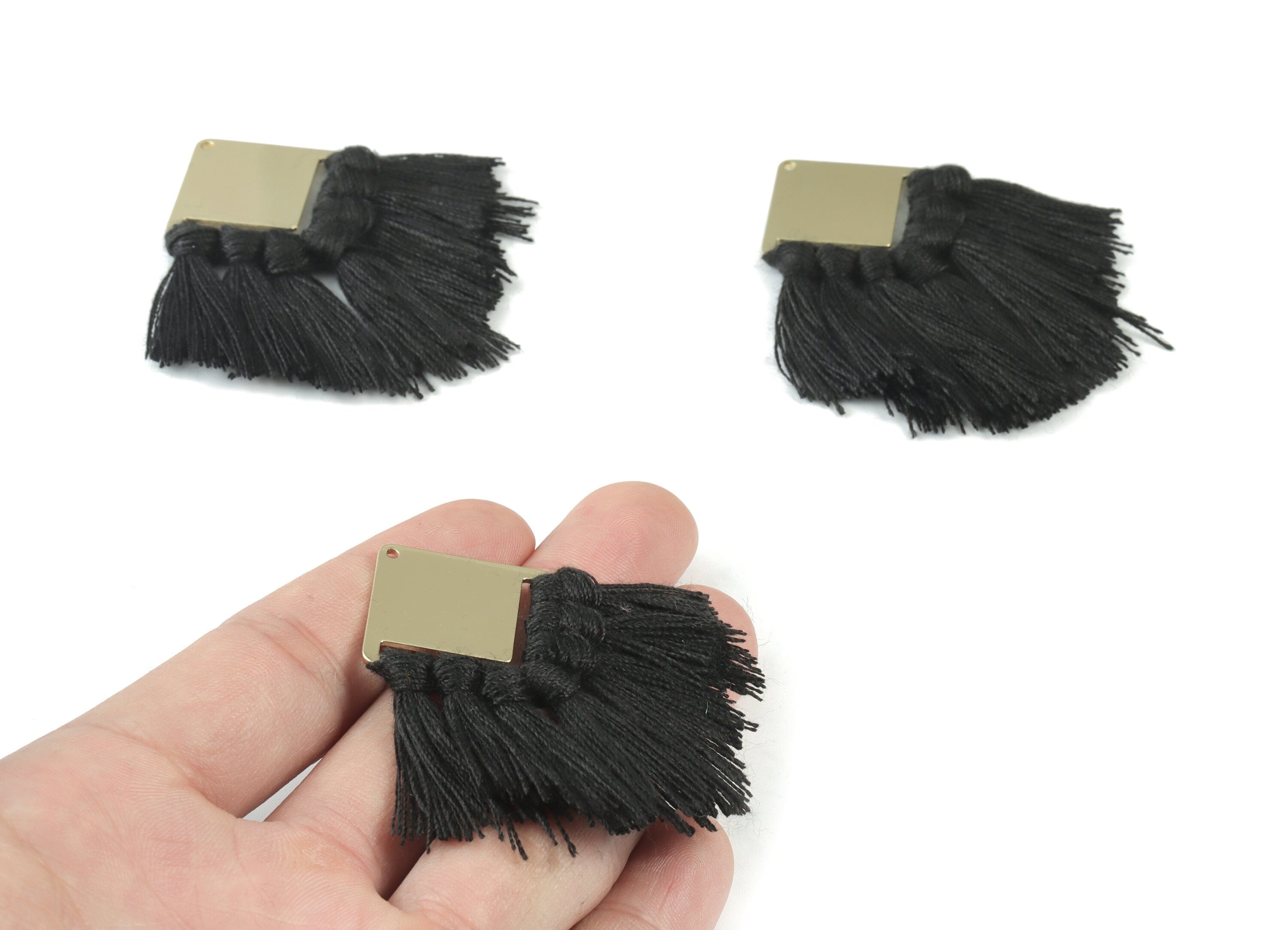 Gold Tone Plated Square Brass - Square Tassel Earring Charms - Cotton Black Tassels - Fringe Tassel - 58.99x30.22x2.98mm - TSM3071B - DOMEDBAZAAR