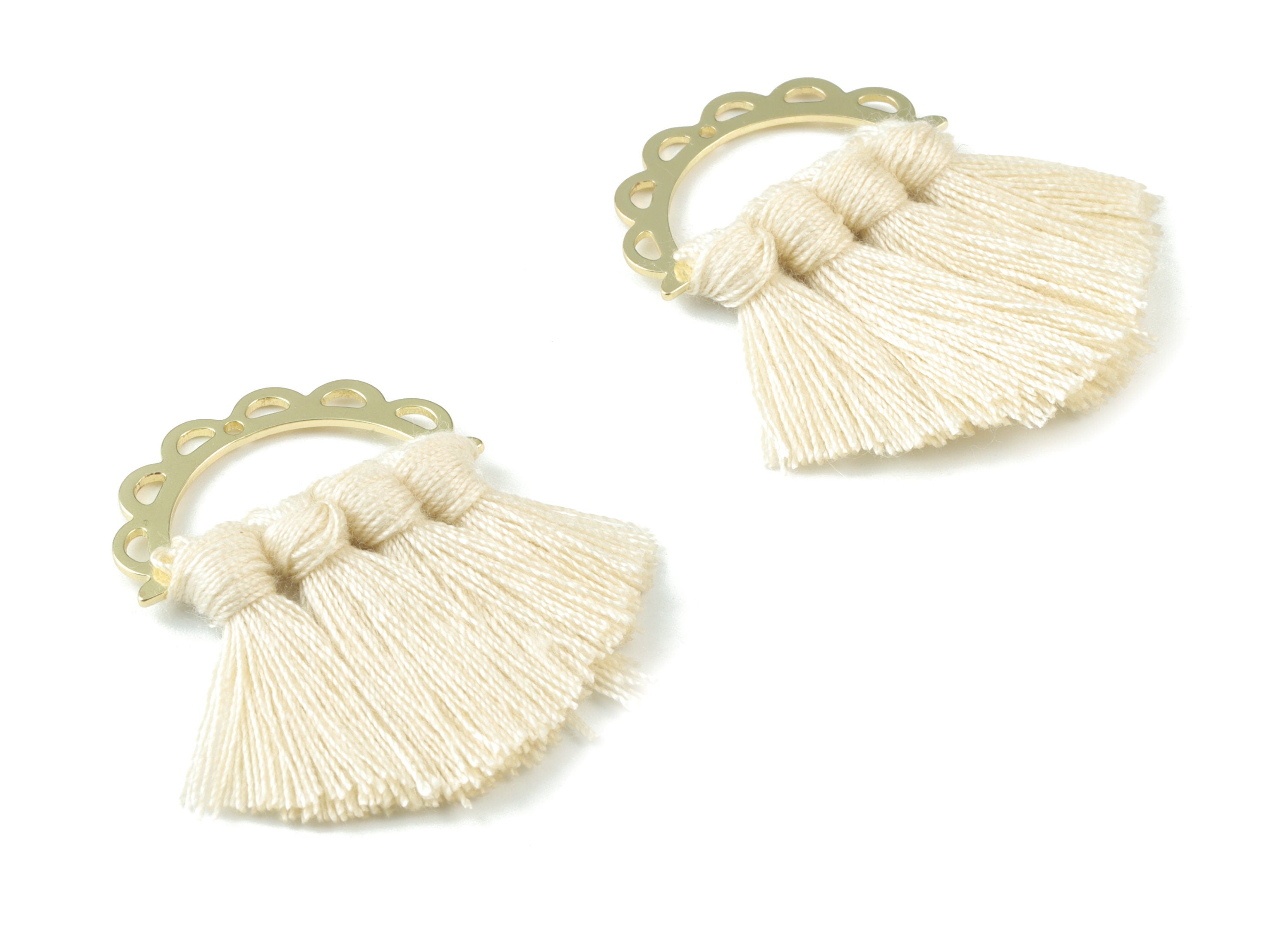 Gold Tone Plated Semi circle Brass - Half Moon Tassel Earring Charms - Cotton Cream Tassels - Fringe Tassel - 44.46x29.94x3.43mm - TSM3057C - DOMEDBAZAAR