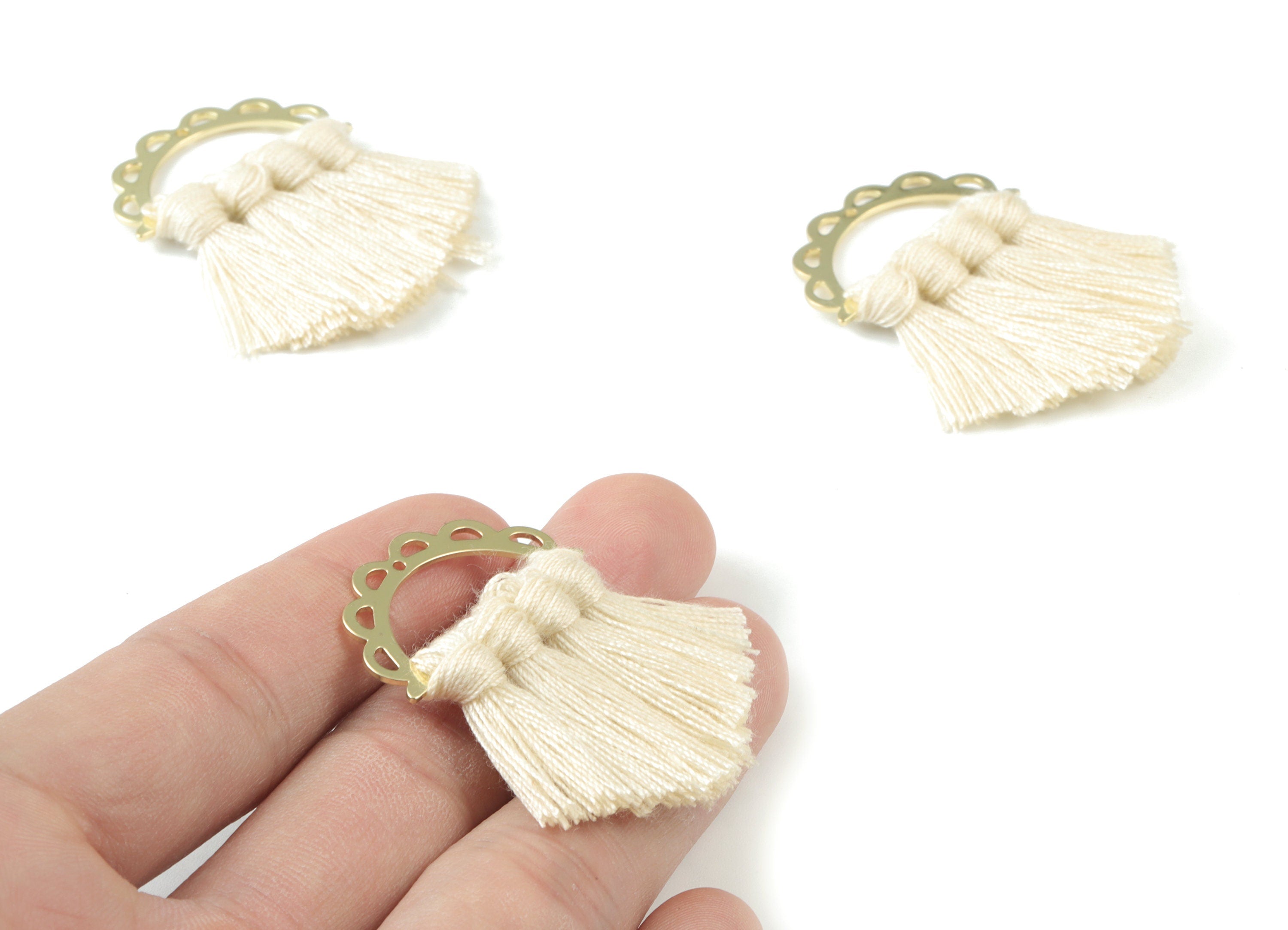 Gold Tone Plated Semi circle Brass - Half Moon Tassel Earring Charms - Cotton Cream Tassels - Fringe Tassel - 44.46x29.94x3.43mm - TSM3057C - DOMEDBAZAAR