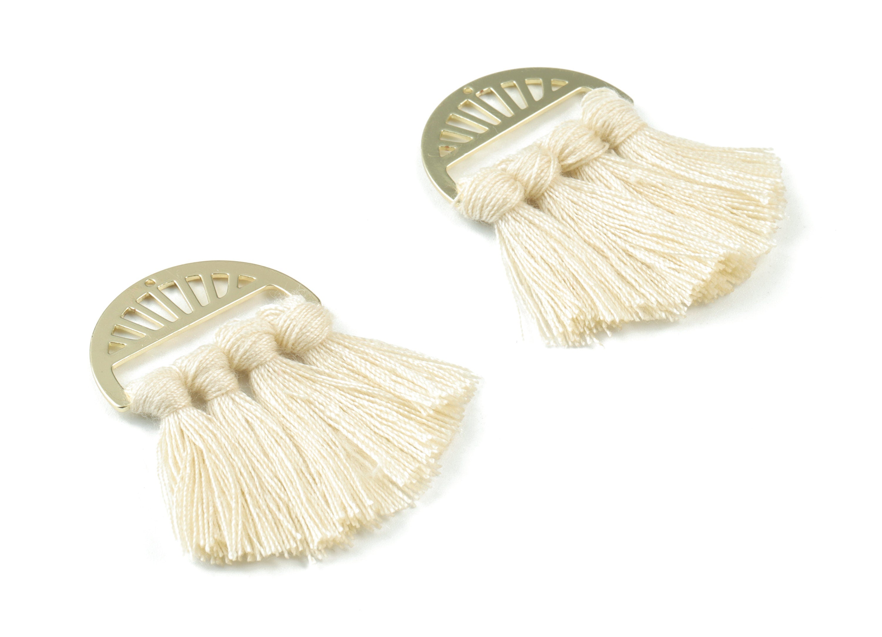 Gold Tone Plated Semi circle Brass - Half Moon Tassel Earring Charms - Cotton Cream Tassels - Fringe Tassel - 48.02x30.47x3.56mm - TSM3056C - DOMEDBAZAAR