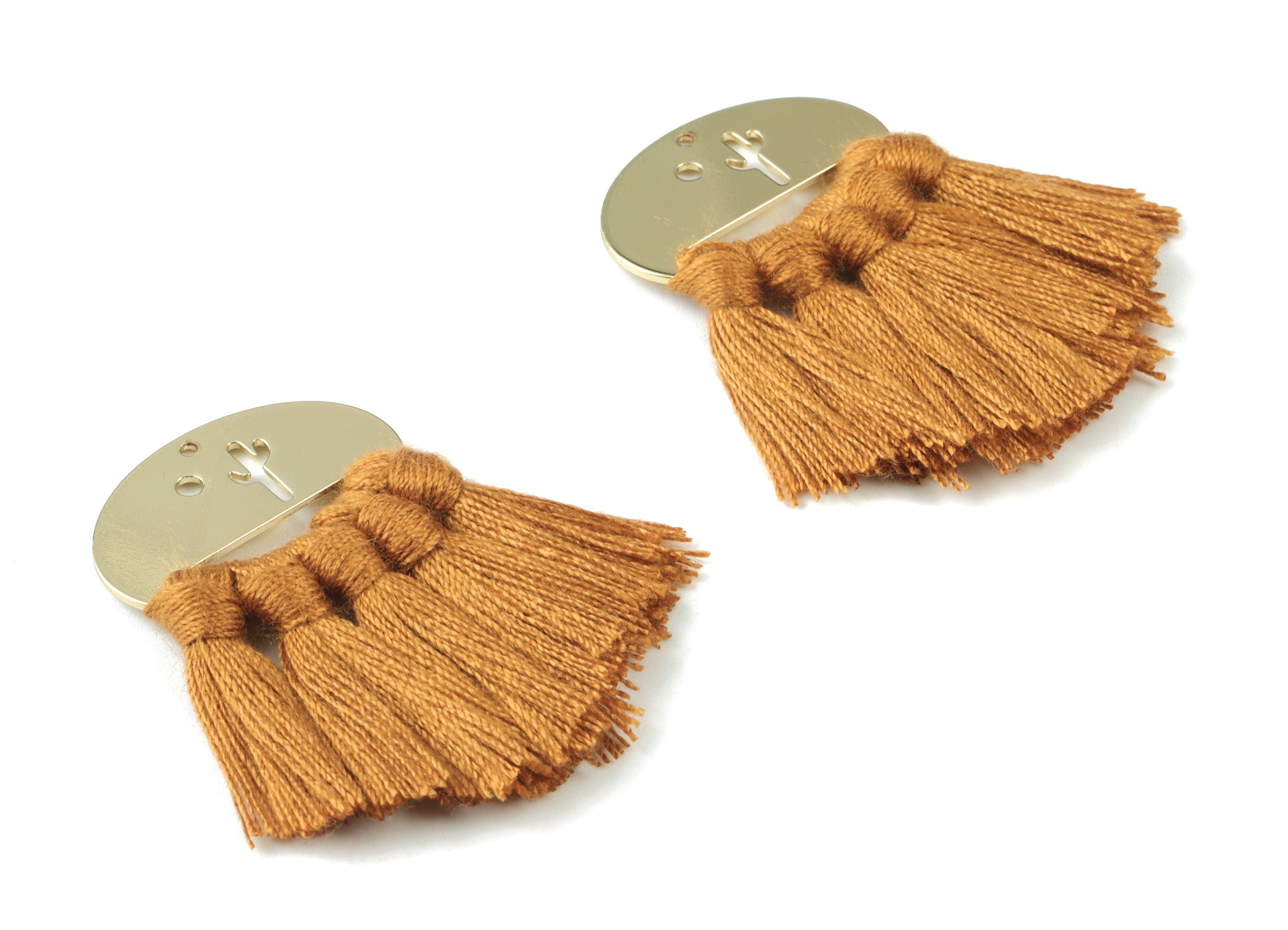 Gold Tone Plated Oval Brass - Oval Tassel Earring Charms - Cotton Brown Tassels - Fringe Tassel - 45.4x30.1x3.75mm - TSM3068BR - DOMEDBAZAAR