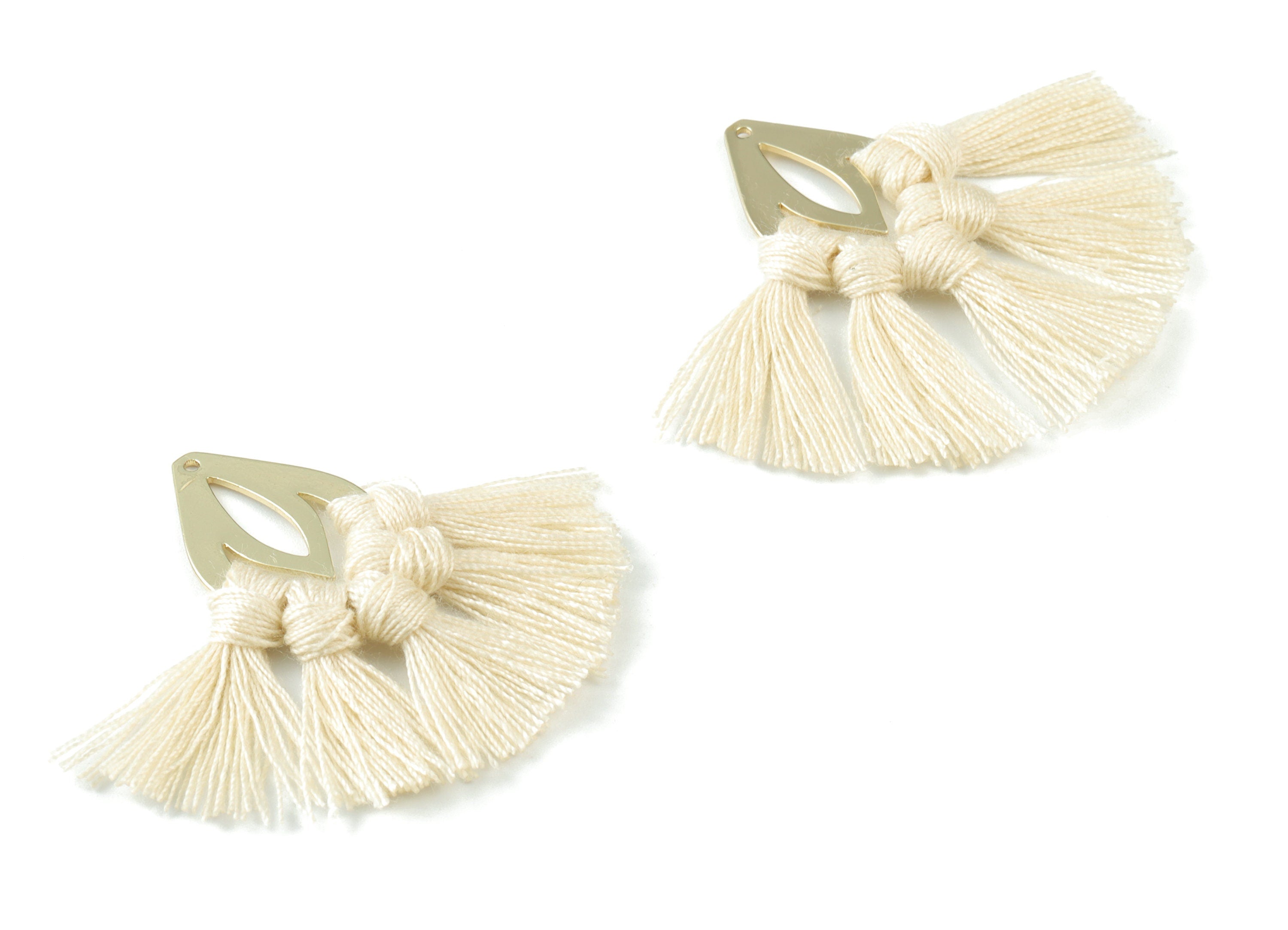 Gold Tone Plated Drop Brass - Drop Tassel Earring Charms - Cotton Cream Tassels - Fringe Tassel - 45.29x18.55x3.51mm - TSM3069C - DOMEDBAZAAR