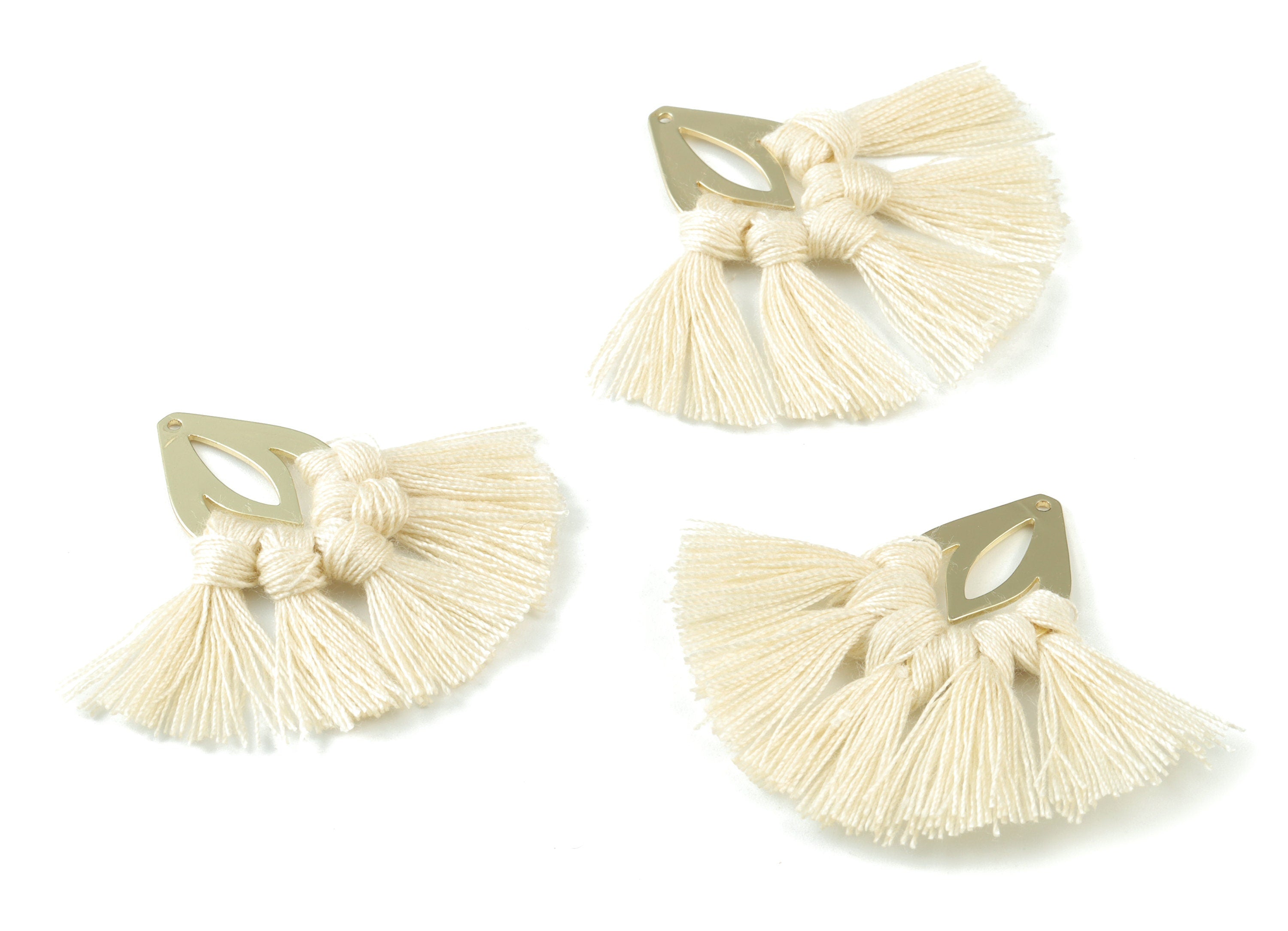 Gold Tone Plated Drop Brass - Drop Tassel Earring Charms - Cotton Cream Tassels - Fringe Tassel - 45.29x18.55x3.51mm - TSM3069C - DOMEDBAZAAR