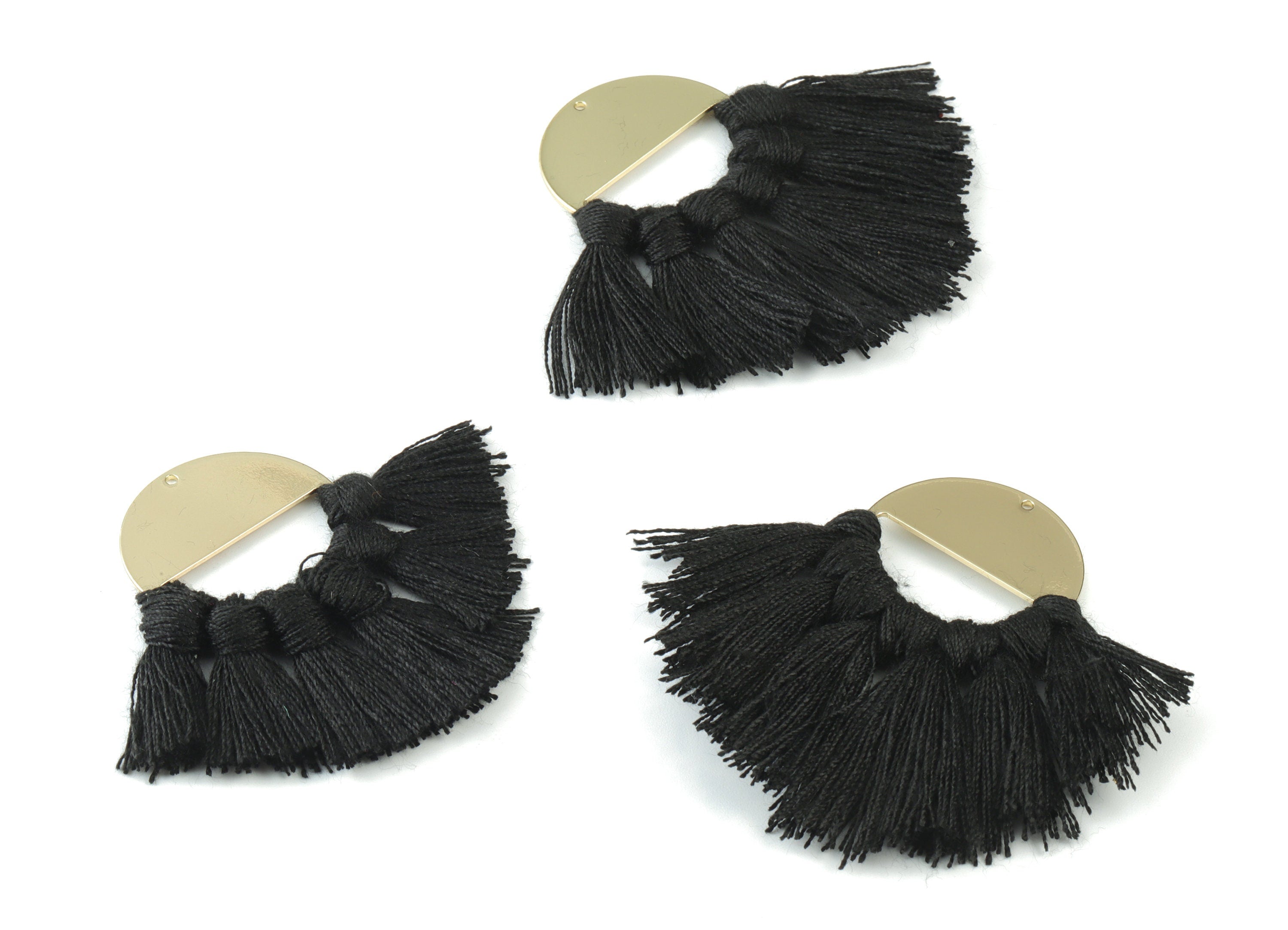 Gold Tone Plated Semi circle Brass - Round Tassel Earring Charms - Cotton Black Tassels - Fringe Tassel - 60.41x31.52x3.4mm - TSM3064B - DOMEDBAZAAR